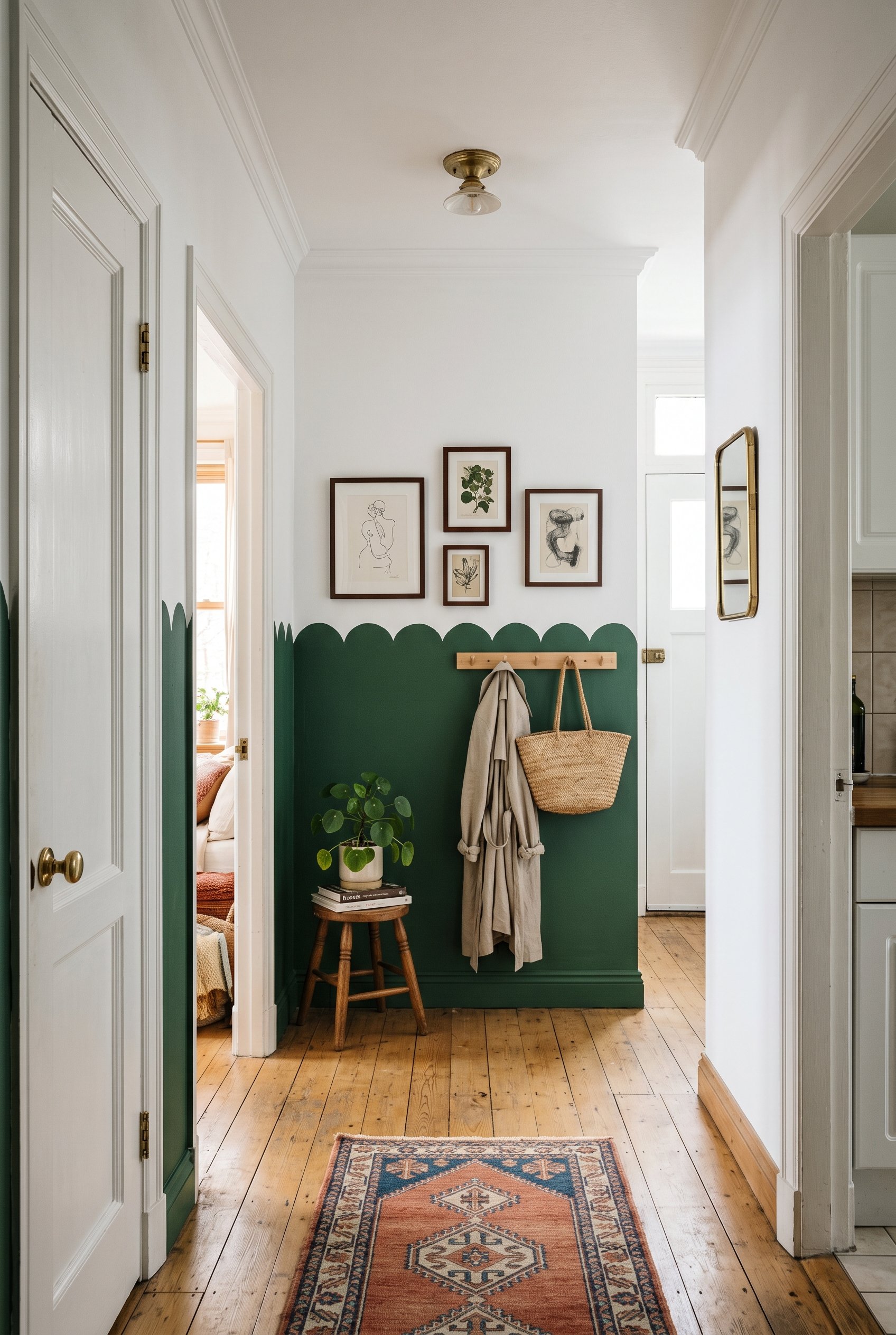 Photorealistic interior photo. Hallway wall featuring a DIY painted scalloped wavy border in deep forest green against a stark white upper wall, straight-on architectural shot. Editorial photography s