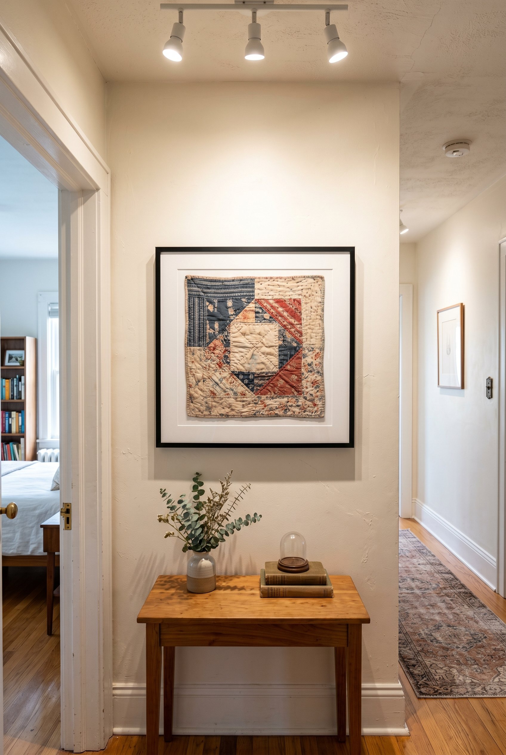 Photorealistic interior photo. Hallway wall featuring a faded vintage quilt square framed in a sharp, modern slim black frame, bright gallery lighting, straight-on camera angle. Editorial photography 