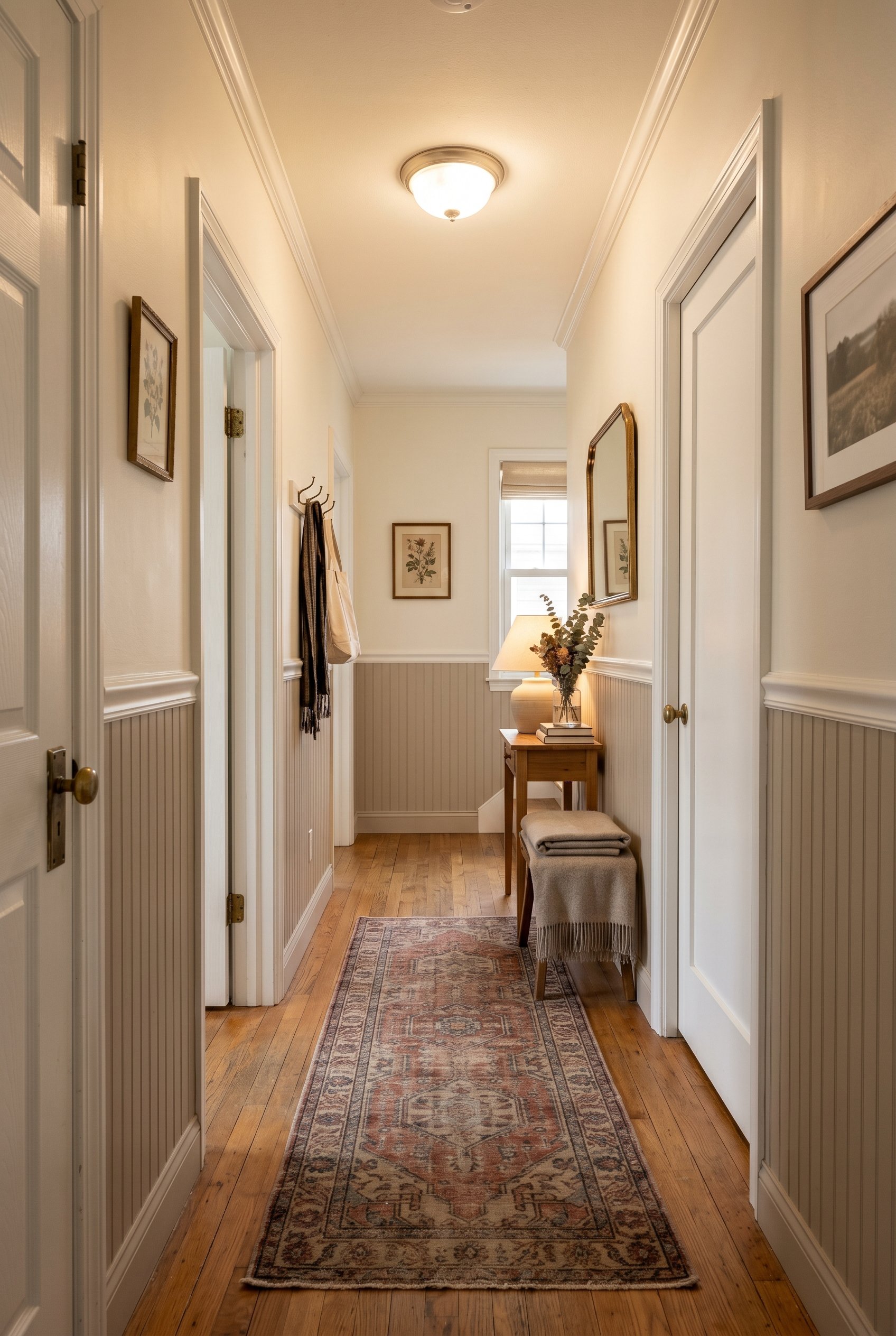 Photorealistic interior photo. Hallway with soft mushroom taupe painted beadboard wainscoting below a white chair rail. Vintage runner rug on the floor. Editorial photography style, warm lighting, no 