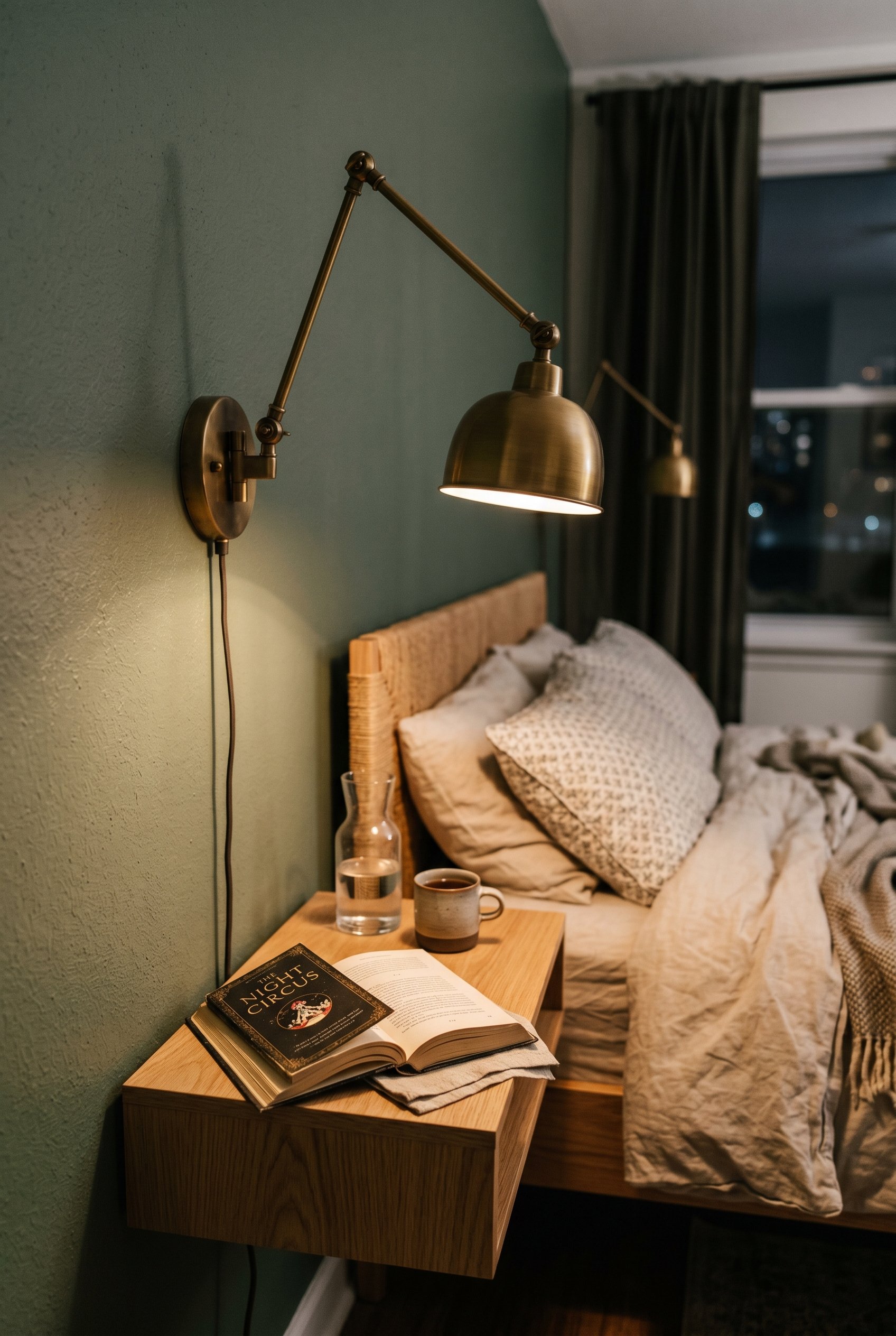 Photorealistic interior photo. Hardwired articulating brass wall sconce mounted above a floating wood nightstand. The sconce is turned on, casting a warm glow downward onto a hardcover book. Editorial