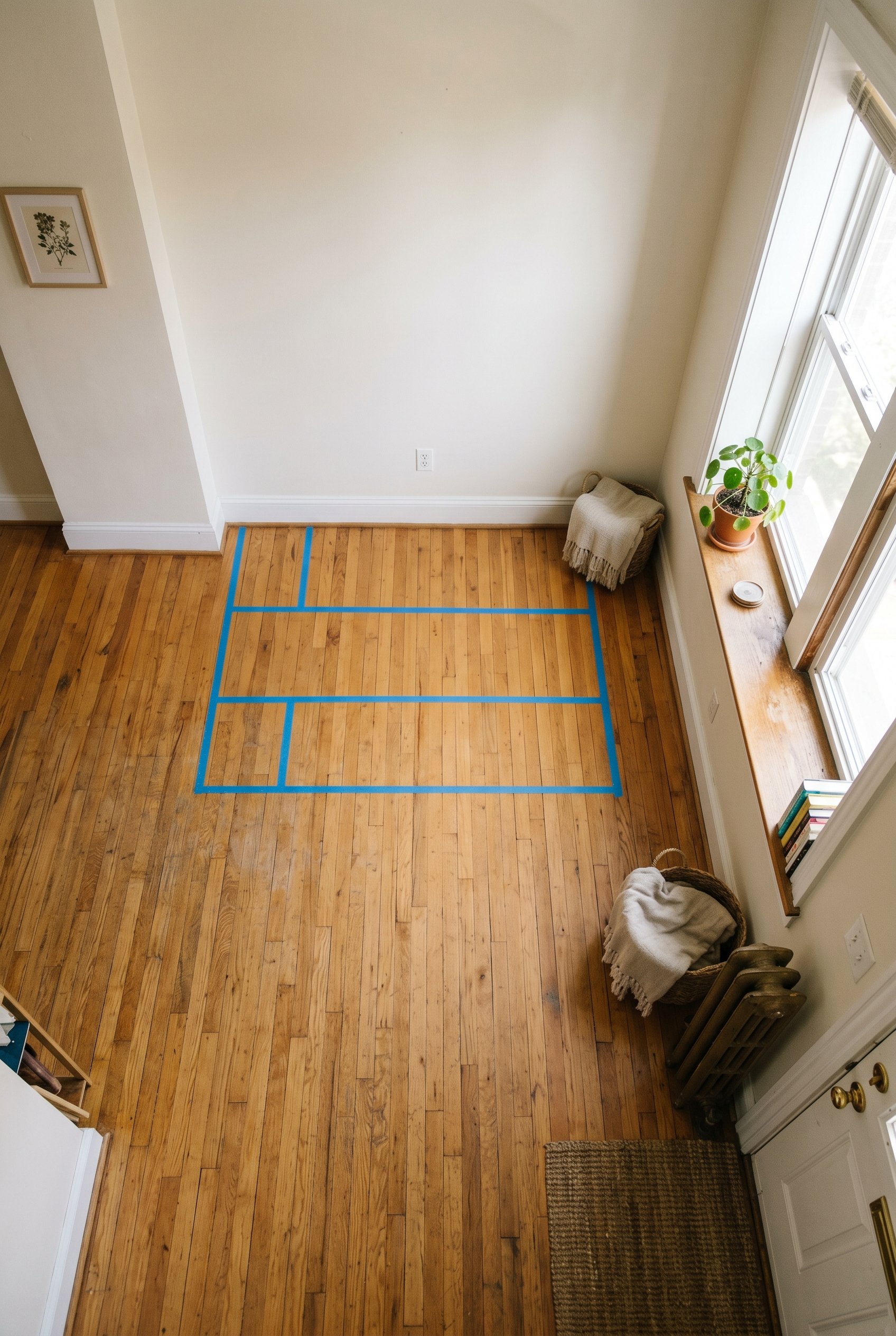 Photorealistic interior photo. Hardwood floor with blue painter's tape outlining a sofa layout, empty room, bright natural sunlight, top-down camera angle. Editorial photography style, no people visib