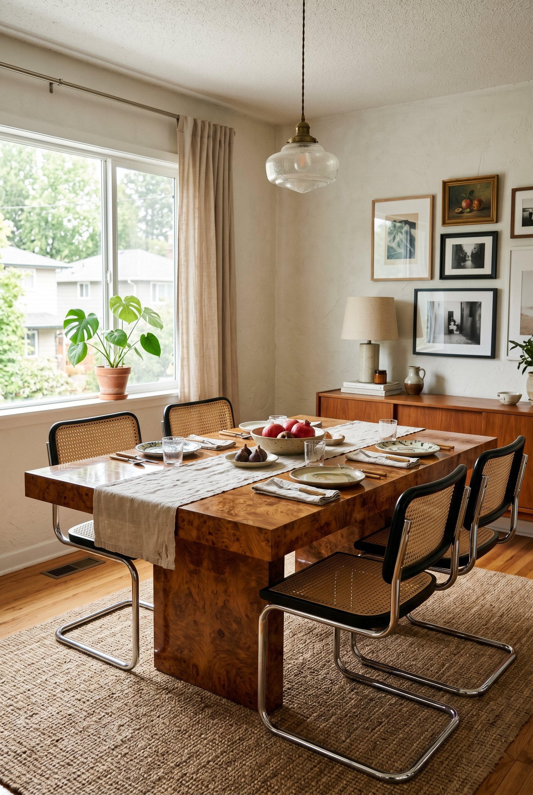 Photorealistic interior photo. Heavy 1980s burl wood dining table paired with shiny chrome Marcel Breuer Cesca chairs. High contrast materials. Bright, indirect natural light. Editorial photography st