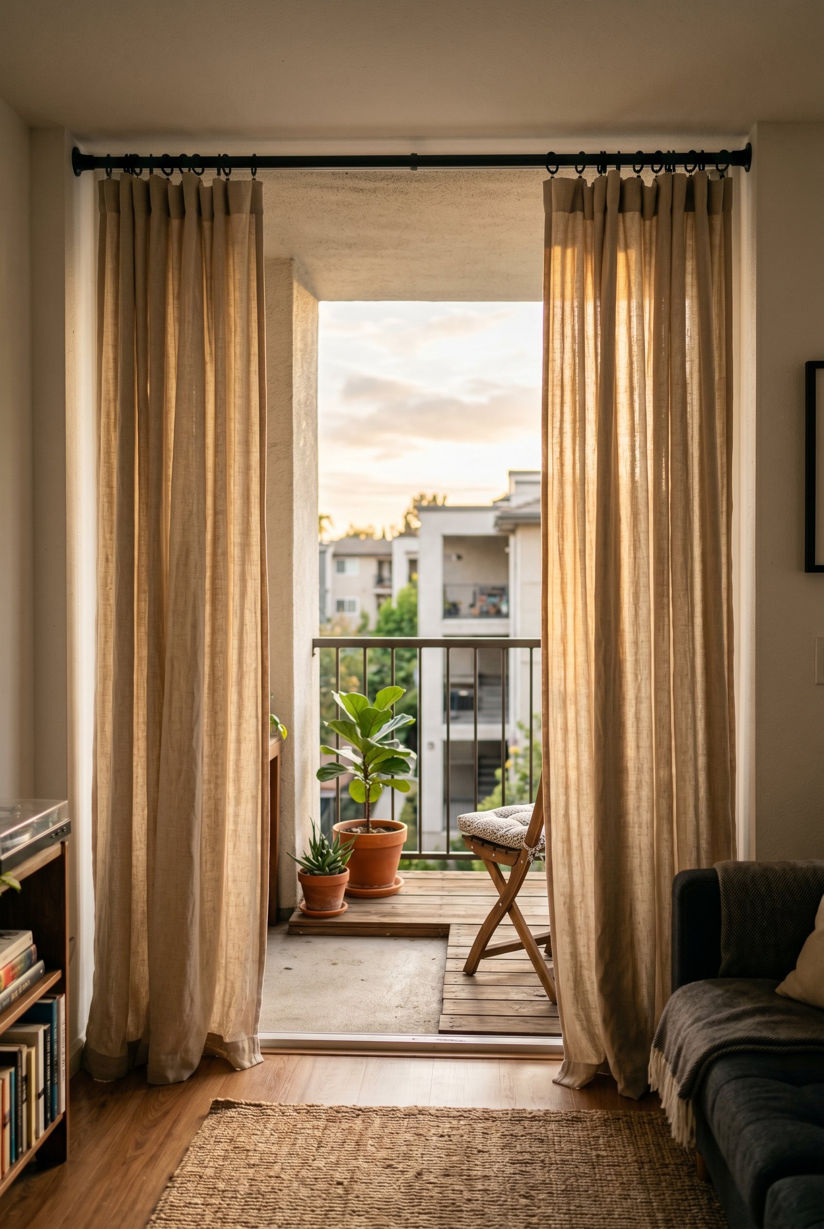 Photorealistic interior photo. Heavy beige outdoor curtains hanging from a black tension rod on a recessed apartment balcony, partially pulled closed, warm afternoon light. Editorial photography style