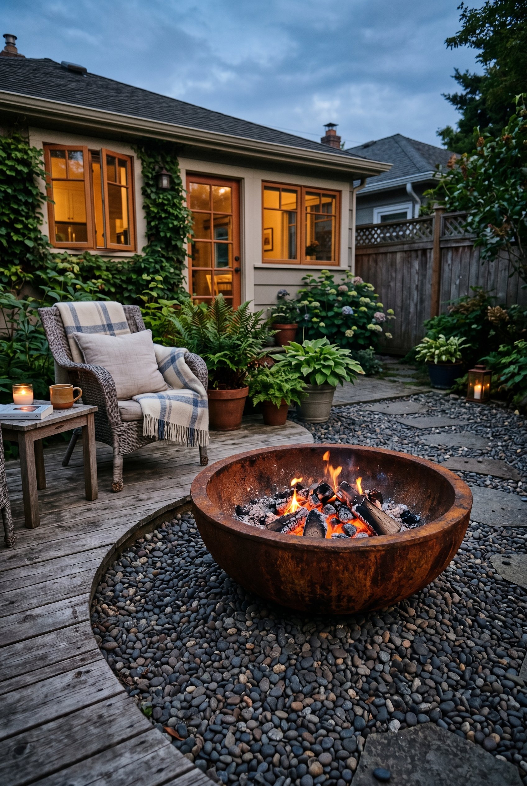 Photorealistic interior photo. Heavy cast iron fire bowl resting on gravel patio, aged rust patina, glowing embers, dusk lighting. Editorial photography style, no people visible.