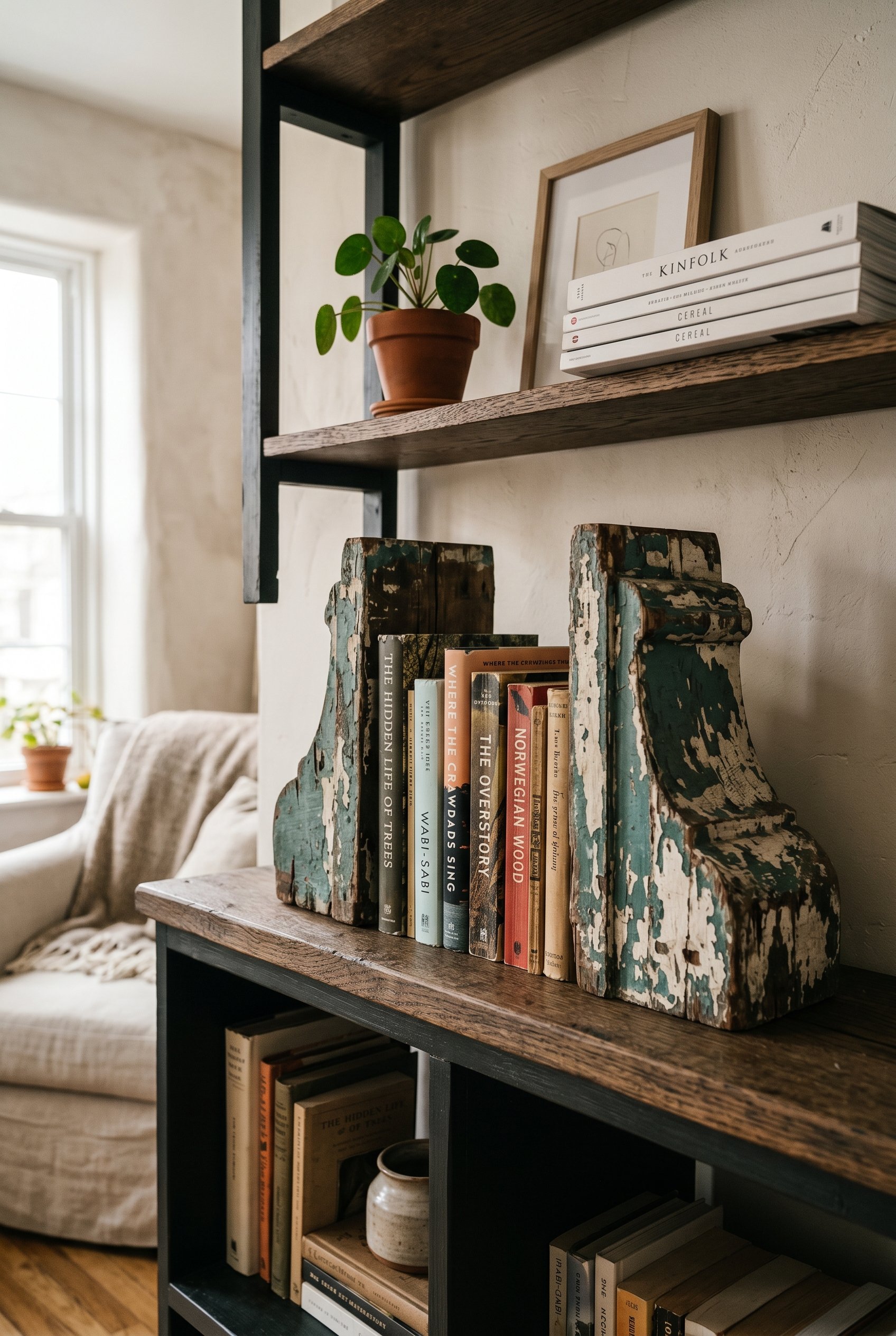 Photorealistic interior photo. Heavy chipped wooden corbels used as bookends on an open modern shelf, distressed paint textures, side lighting, eye-level angle. Editorial photography style, no people