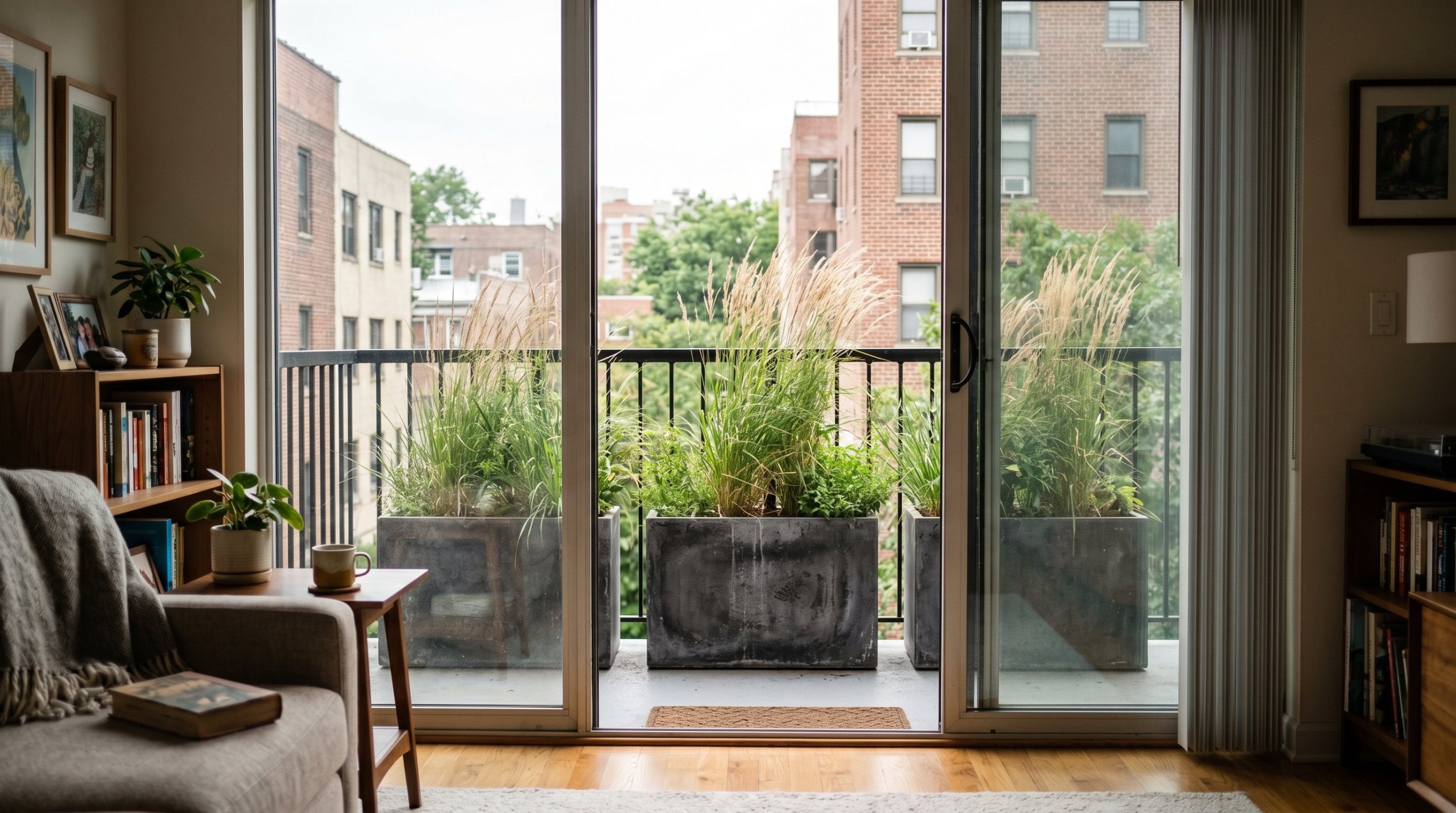Photorealistic interior photo. Heavy dark grey concrete planters lined against a metal balcony railing, filled with tall ornamental grasses, bright overcast daylight. Editorial photography style, no p