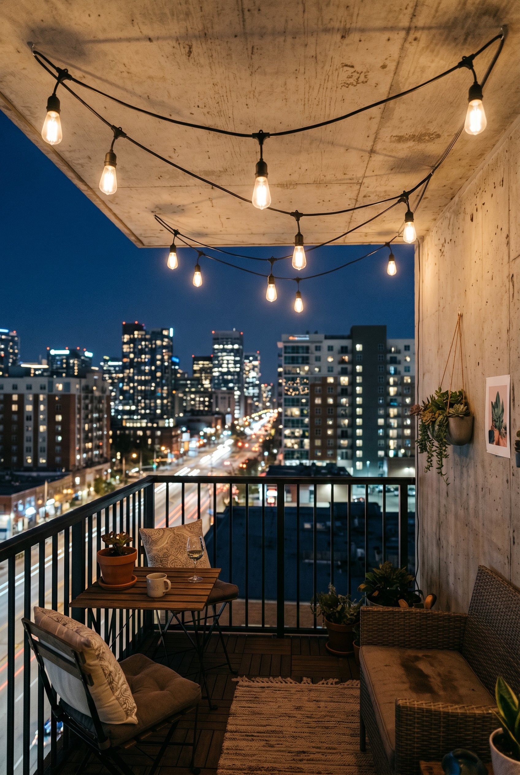 Photorealistic interior photo. Heavy-duty black wire Edison bulb string lights hung neatly along a concrete balcony ceiling, warm dimmable glow, night time cityscape. Editorial photography style, no p