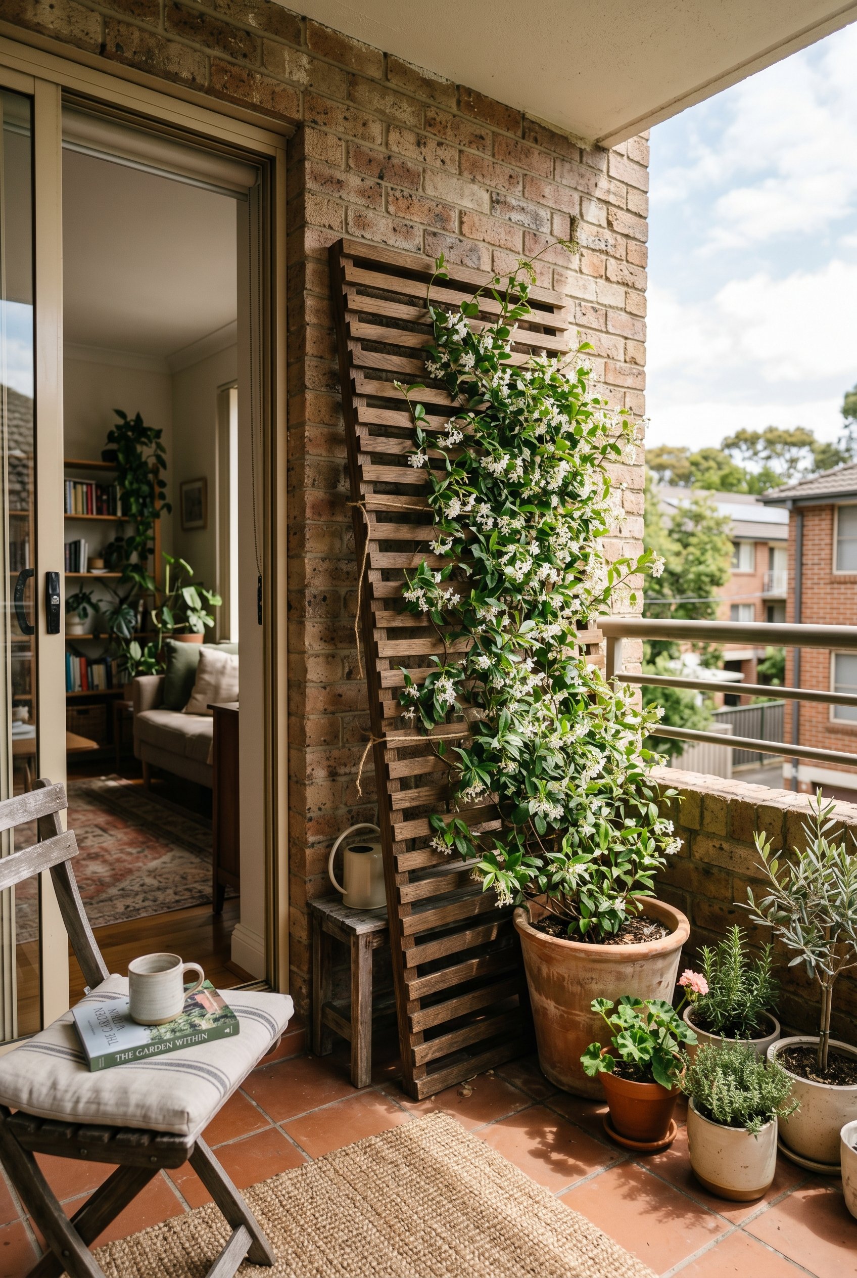 Photorealistic interior photo. Heavy freestanding slatted wood trellis leaning against a brick balcony wall, climbing jasmine vine, warm natural light. Editorial photography style, no people visible.