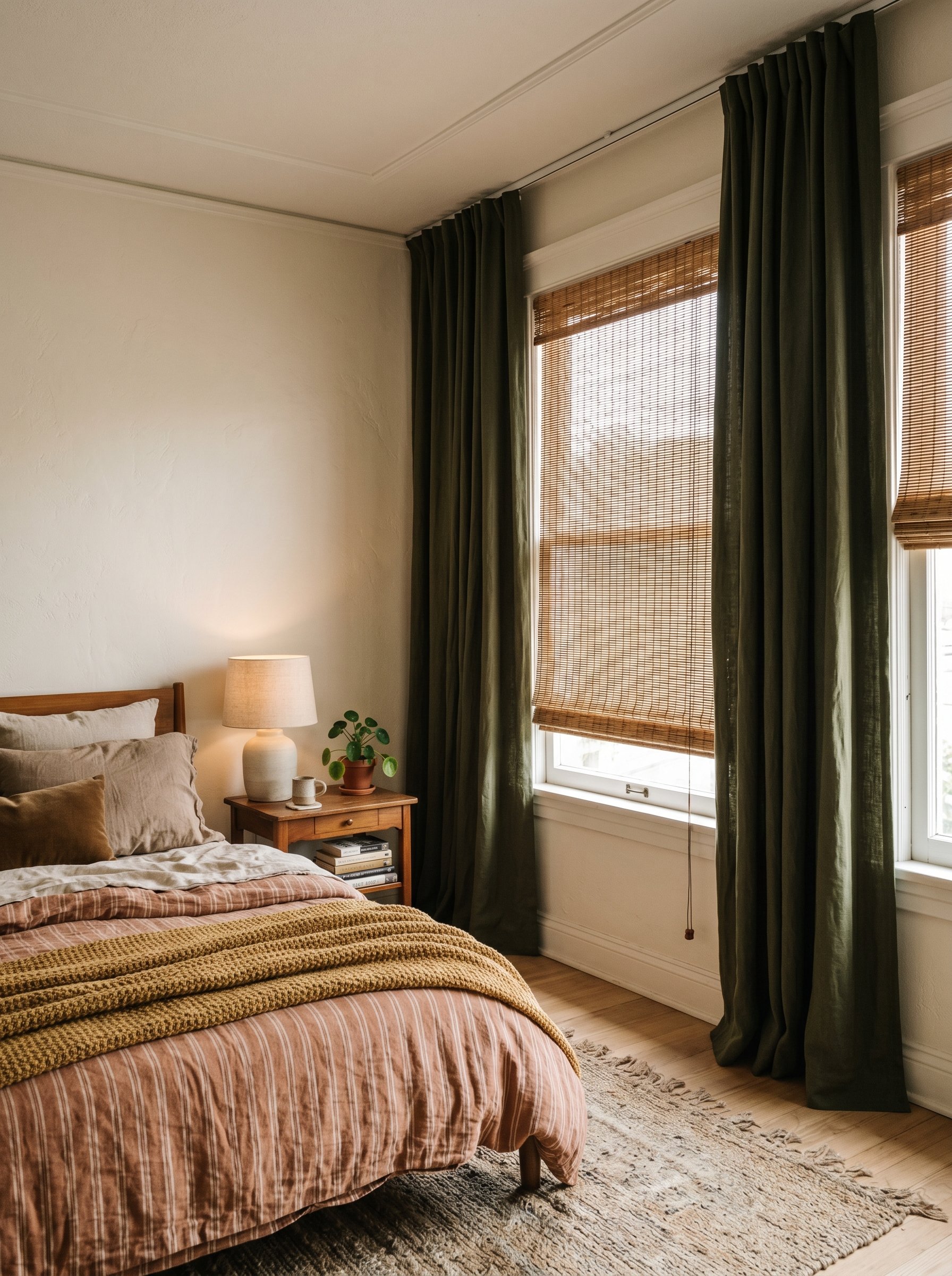 Photorealistic interior photo. Heavy olive green blackout curtains hanging from a wall-to-wall ceiling track, partially drawn over woven rattan roman shades. Cozy bedroom corner, editorial photography