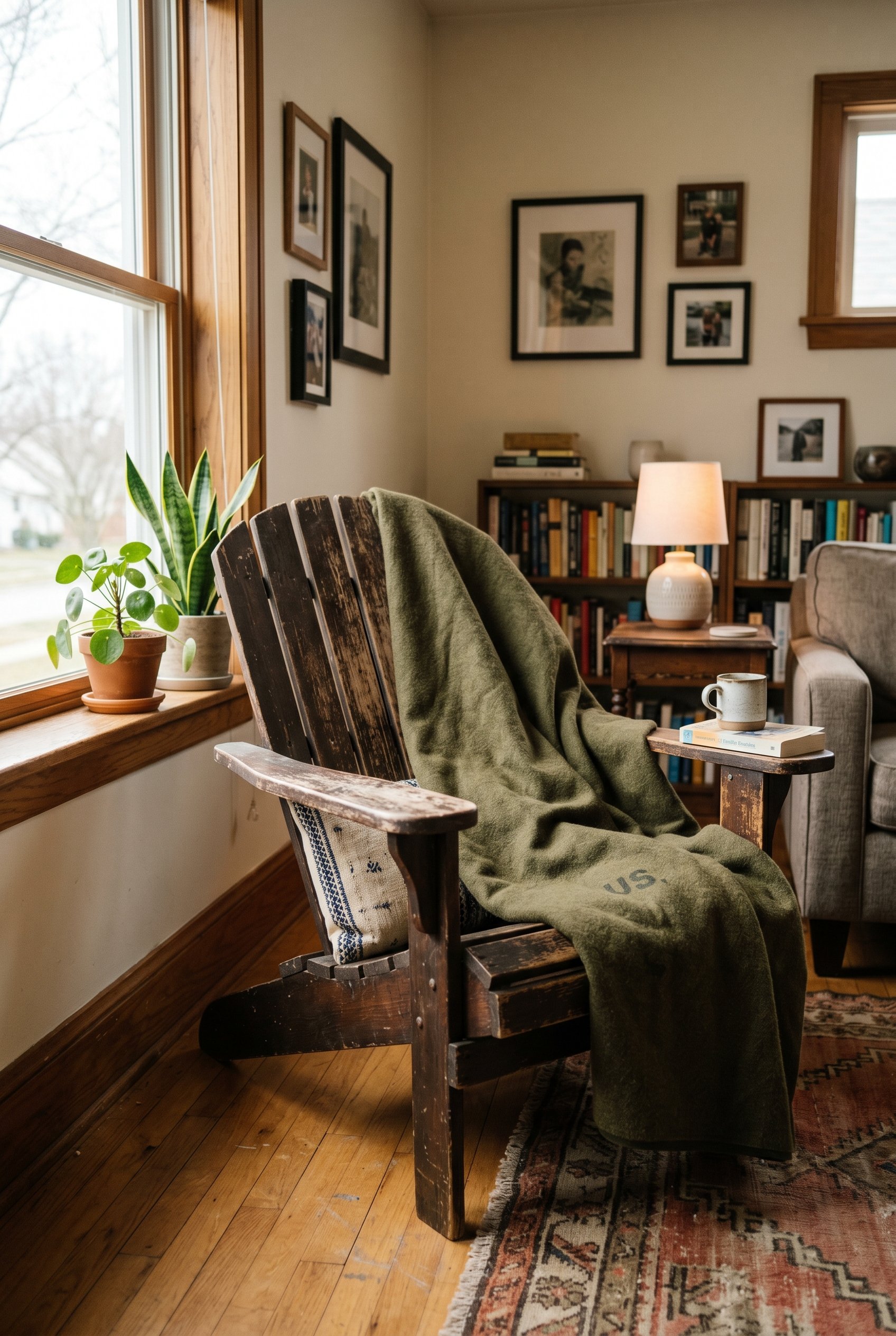 Photorealistic interior photo. Heavy olive green wool military blanket draped over a distressed wood Adirondack chair, rugged texture, soft overcast lighting. Editorial photography style, no people vi