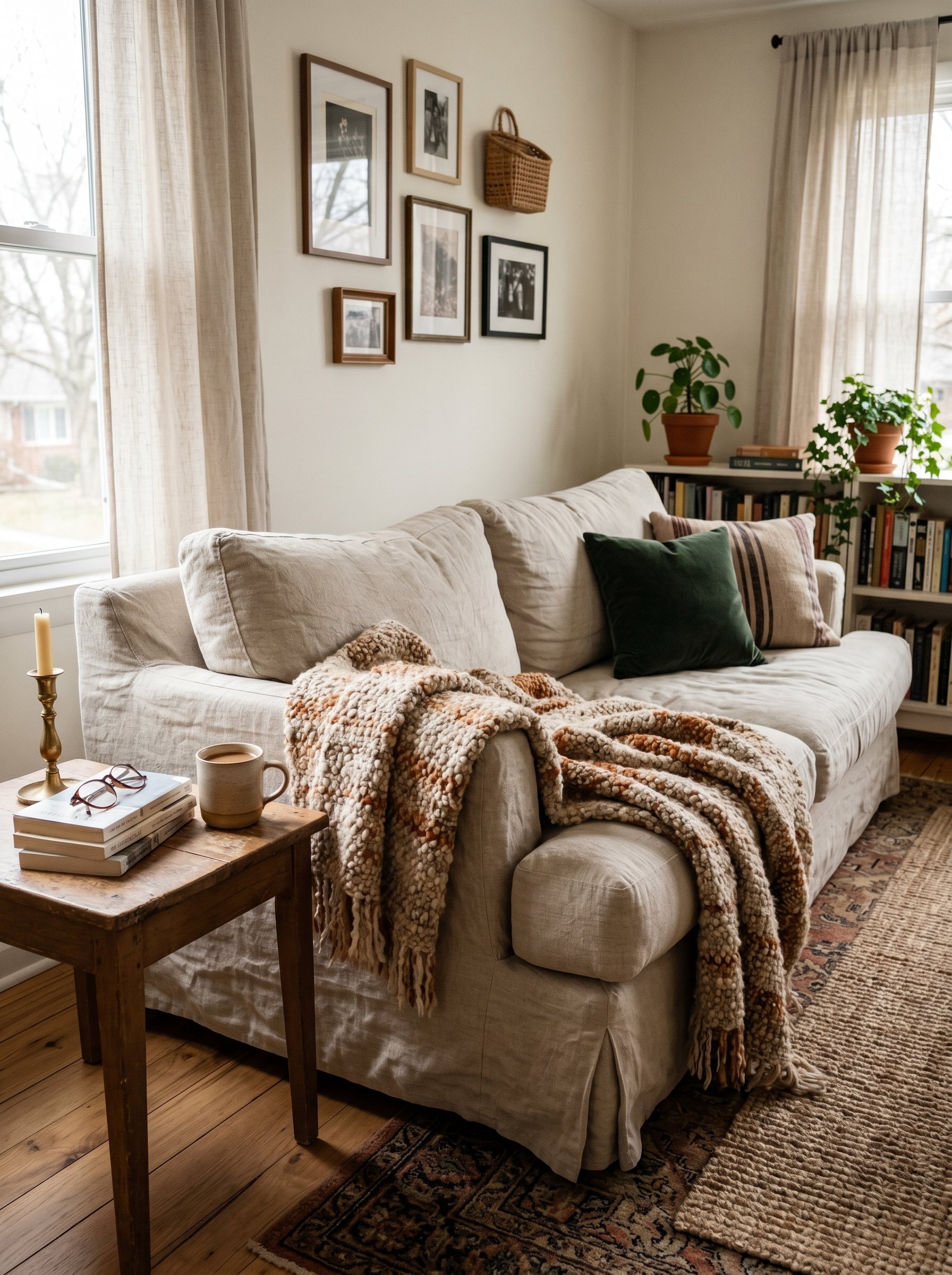 Photorealistic interior photo. Heavy stonewashed unbleached linen slipcover on a sofa, draped with a thick, nubby vintage wool blanket. Tactile and cozy. Editorial photography style, no people visible