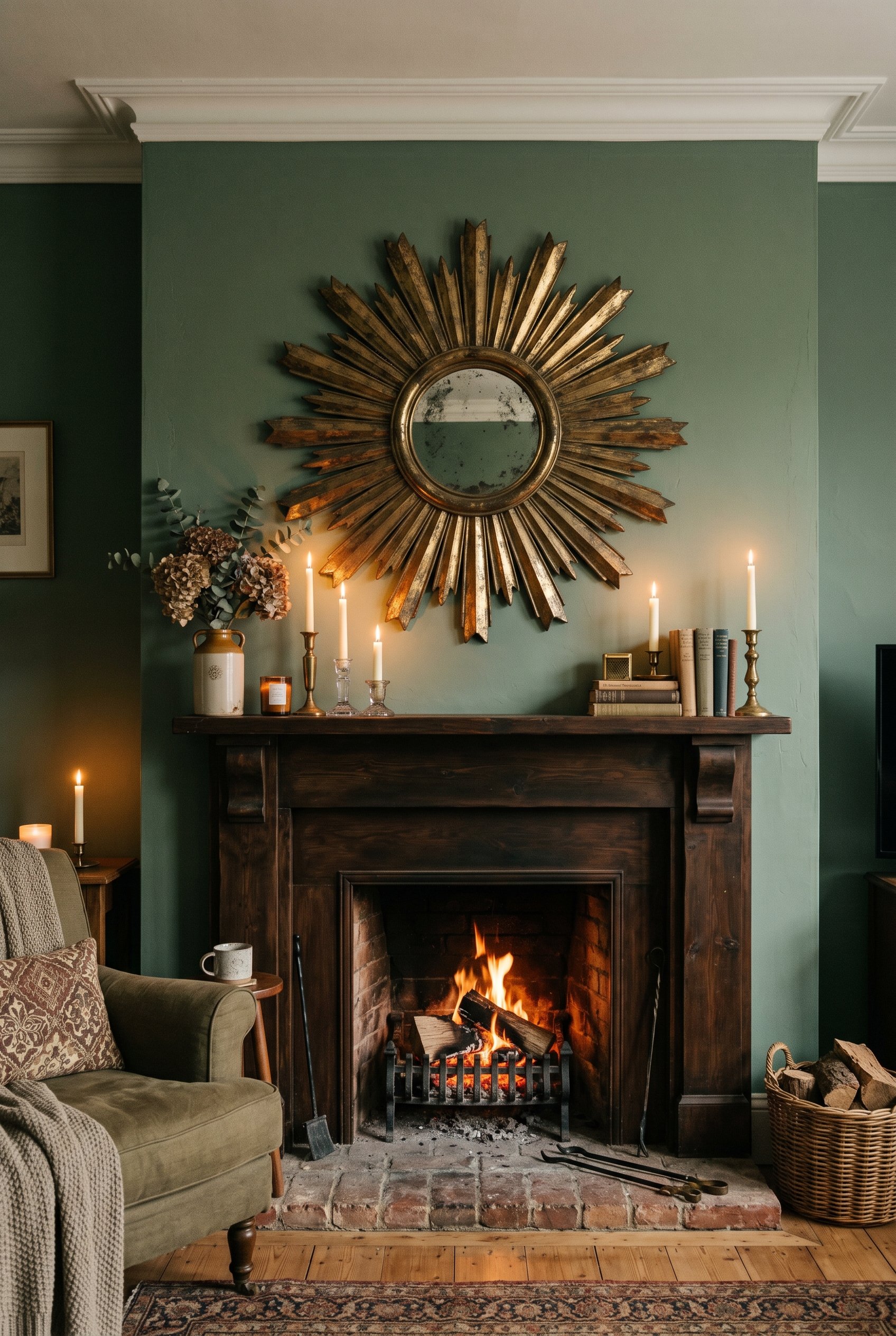 Photorealistic interior photo. Heavy tarnished brass sunburst mirror hung over a dark wood fireplace mantel. Candlelight and soft shadows, straight-on camera angle. Editorial photography style, no peo
