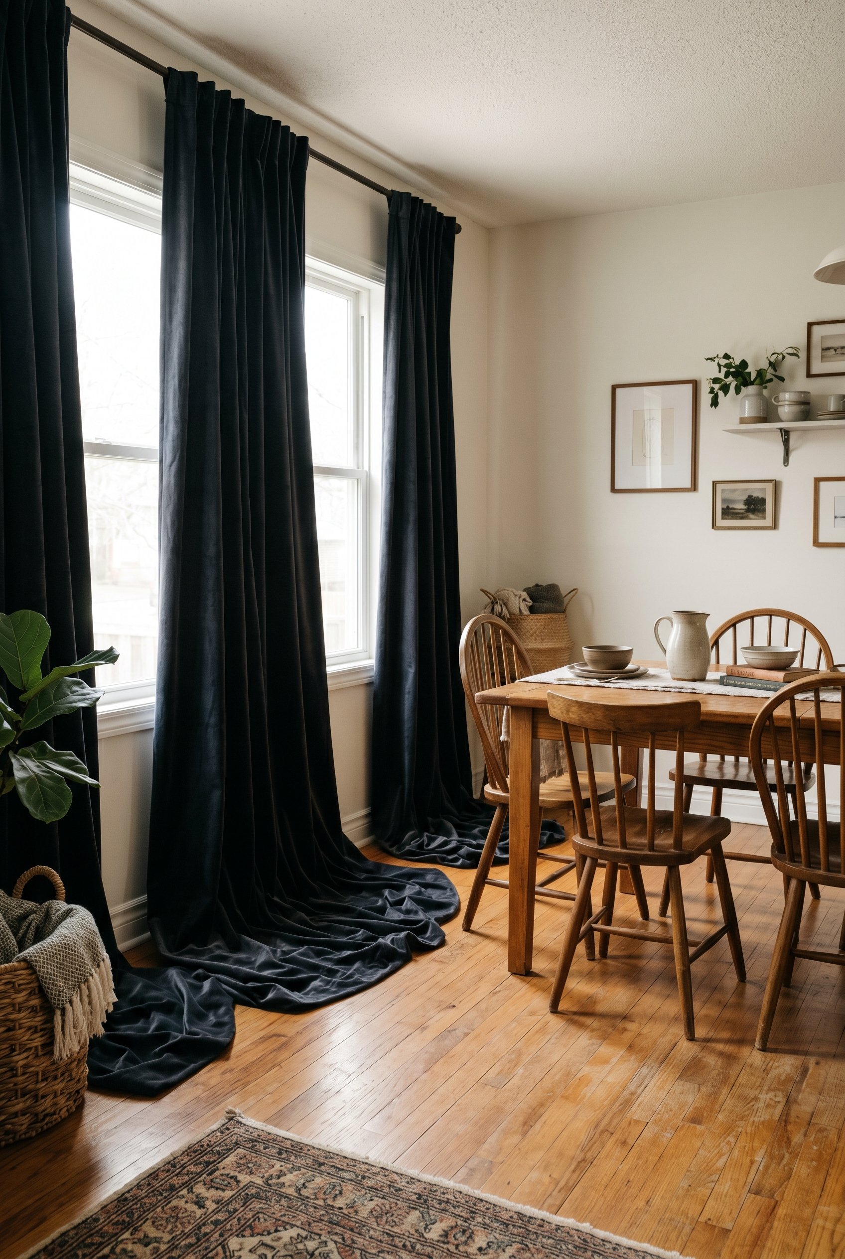 Photorealistic interior photo. Heavy, thick velvet curtains in a dark color dramatically puddling onto the floor of a dining room. Soft window light. Editorial photography style, no people visible.