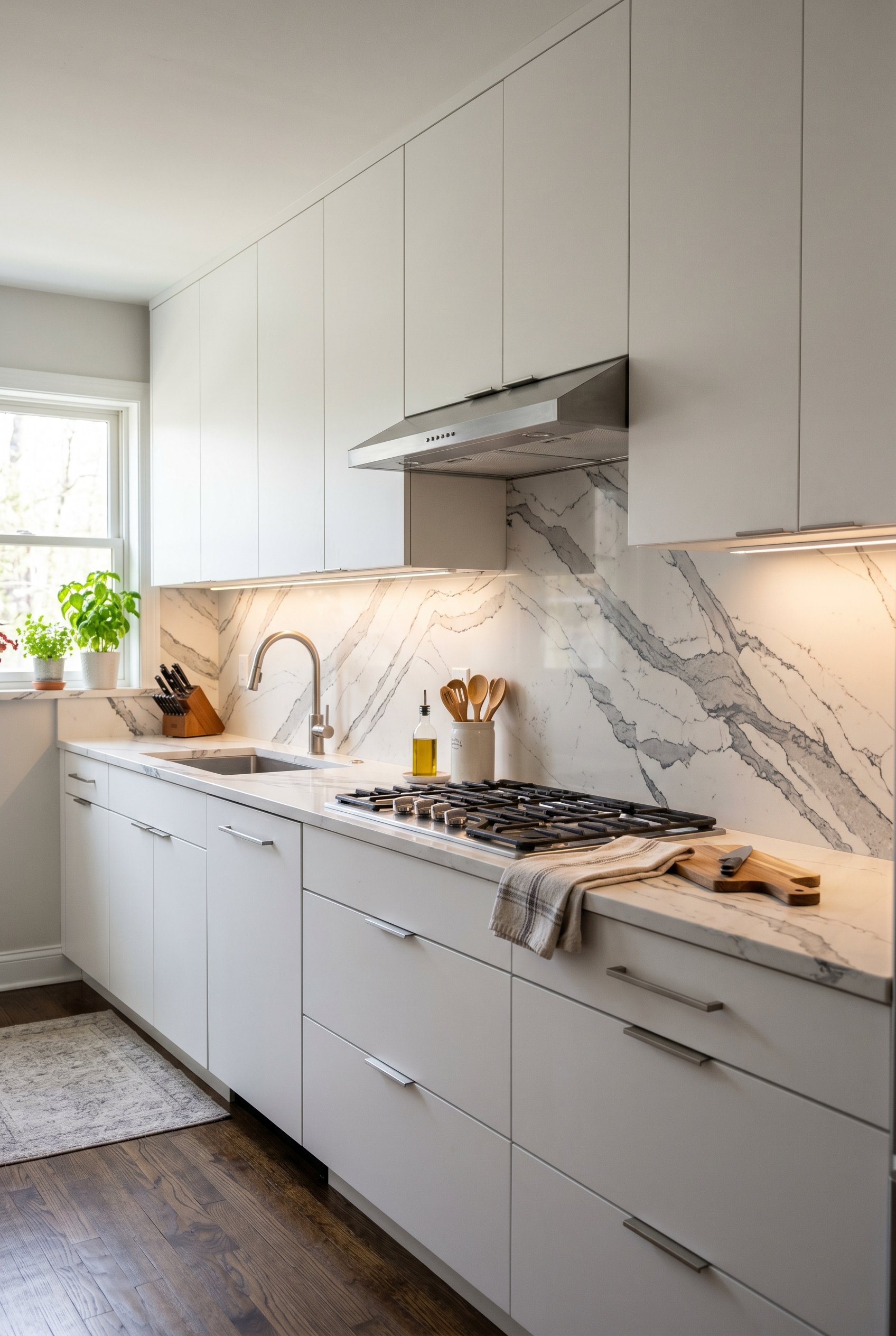 Photorealistic interior photo. Heavy veined Cambria quartz backsplash matching the countertop exactly, modern flat front white cabinets, sleek modern lighting. Editorial photography style, straight on