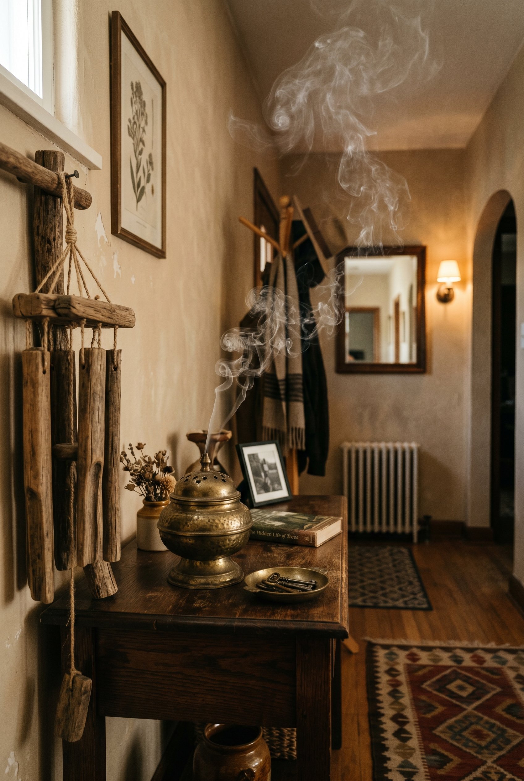 Photorealistic interior photo. Heavy vintage brass incense burner emitting a thick trail of smoke on a dark wood entryway table, next to heavy wooden wind chimes. Editorial photography style, cinemati