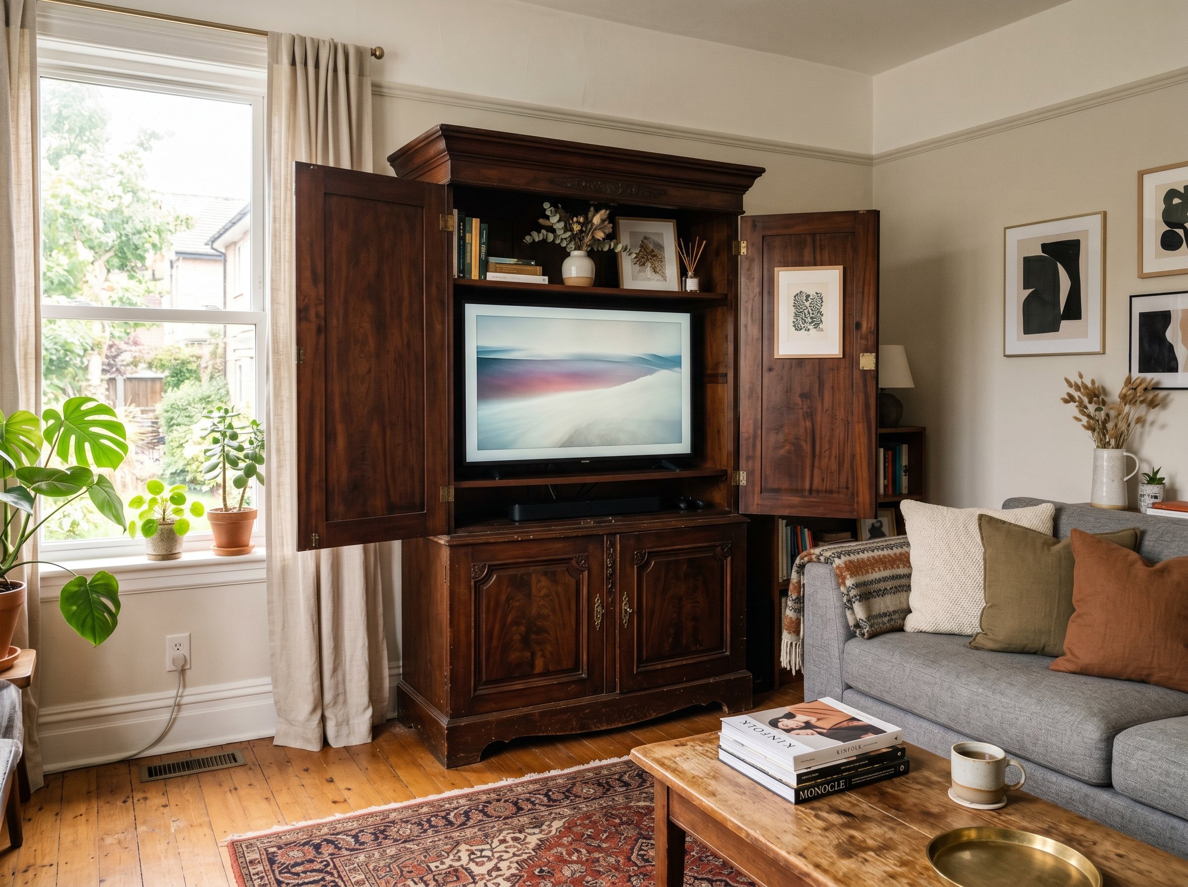 Photorealistic interior photo. Heavy vintage mahogany armoire with doors open revealing a flat screen TV, styled living room, natural window light, medium shot. Editorial photography style, no people