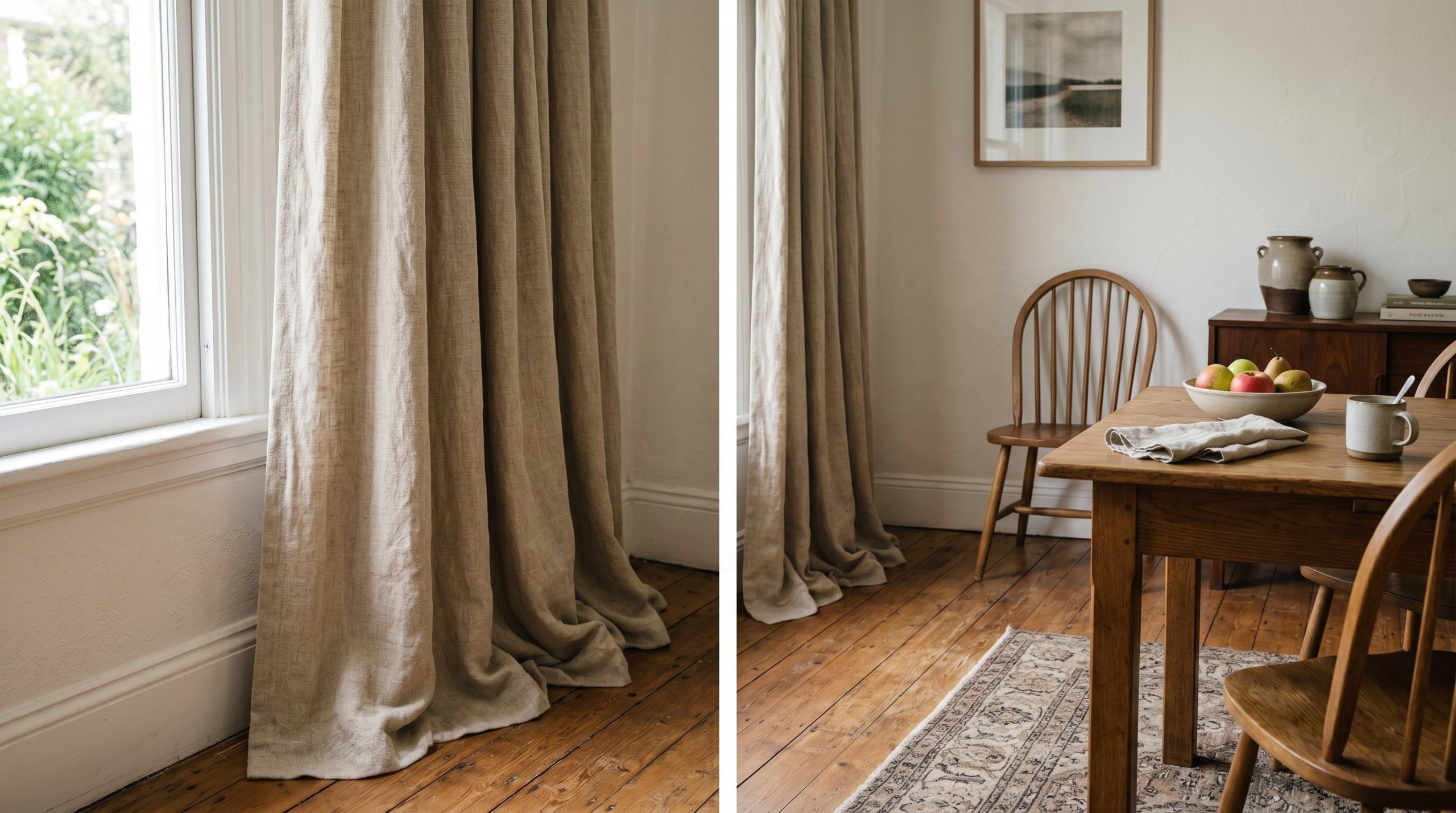 Photorealistic interior photo. Heavyweight unbleached European linen curtains pooling slightly on a hardwood floor in a dining room, soft morning light, detail shot. Editorial photography style, no pe