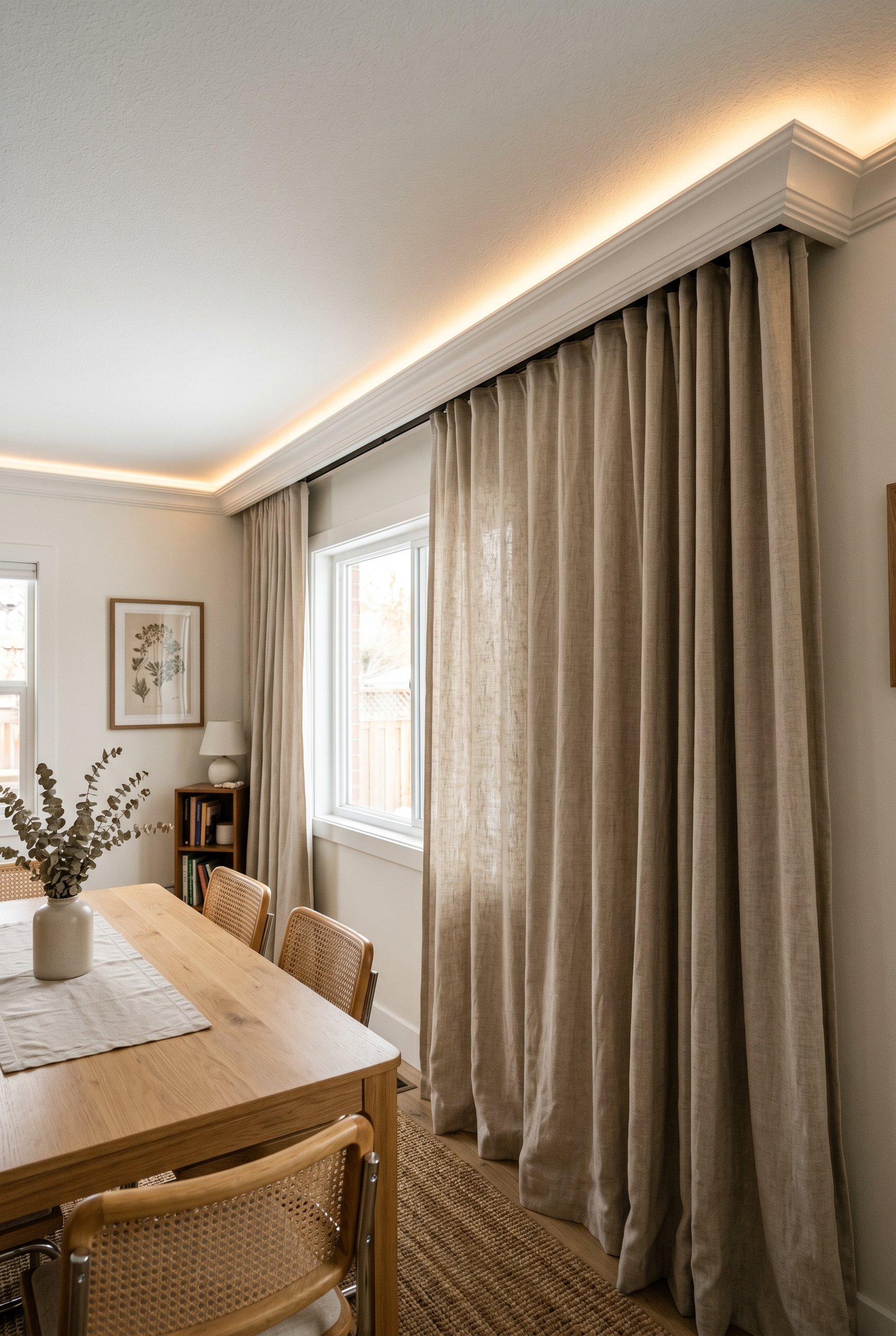 Photorealistic interior photo. High-end motorized curtain track hidden behind modern crown molding in a dining room, subtle recessed lighting, upward angle. Editorial photography style, no people visi