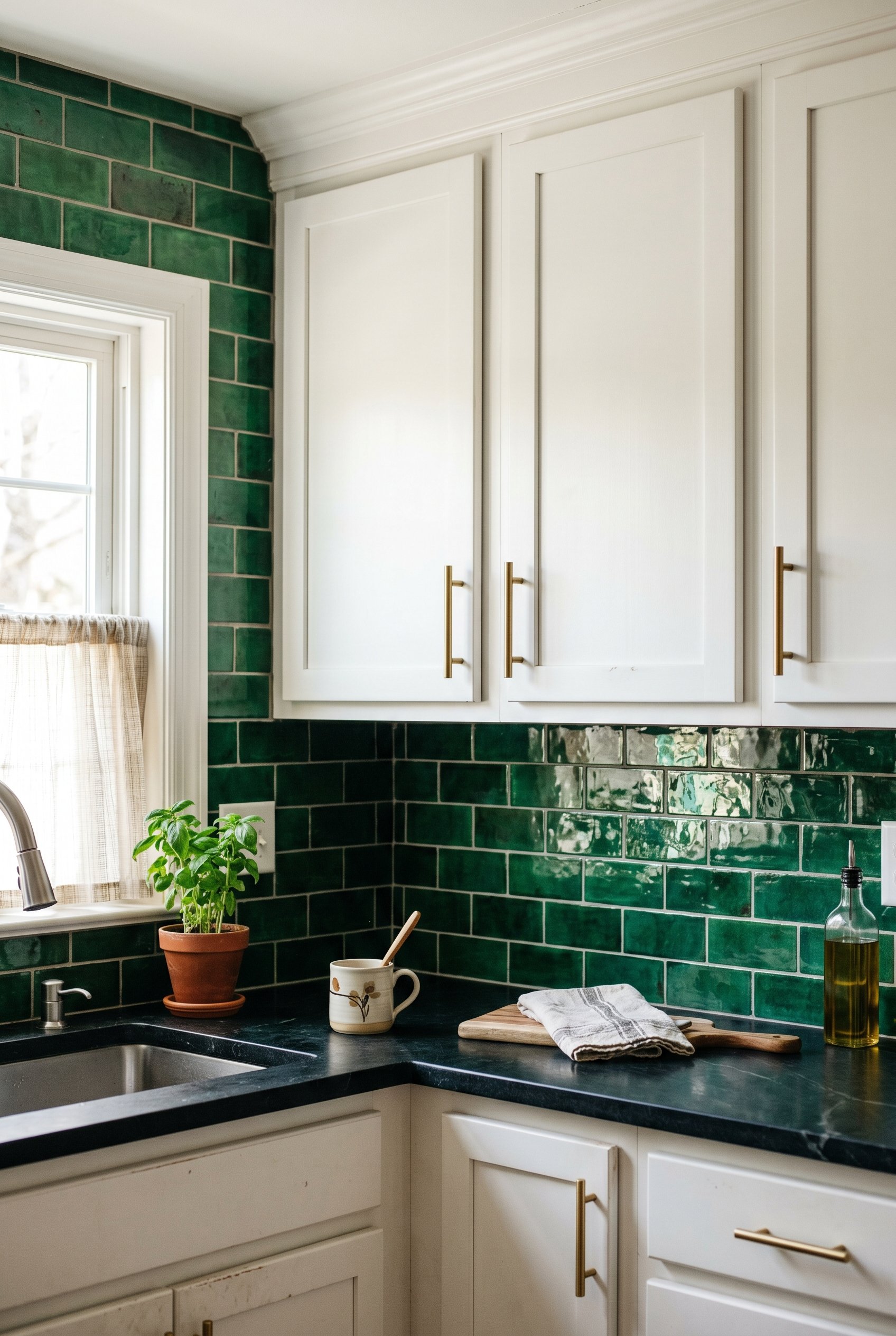 Photorealistic interior photo. High gloss emerald green ceramic tile backsplash with color variation, white kitchen cabinets with brass pulls, bright daylight reflecting off the tiles. Editorial photo