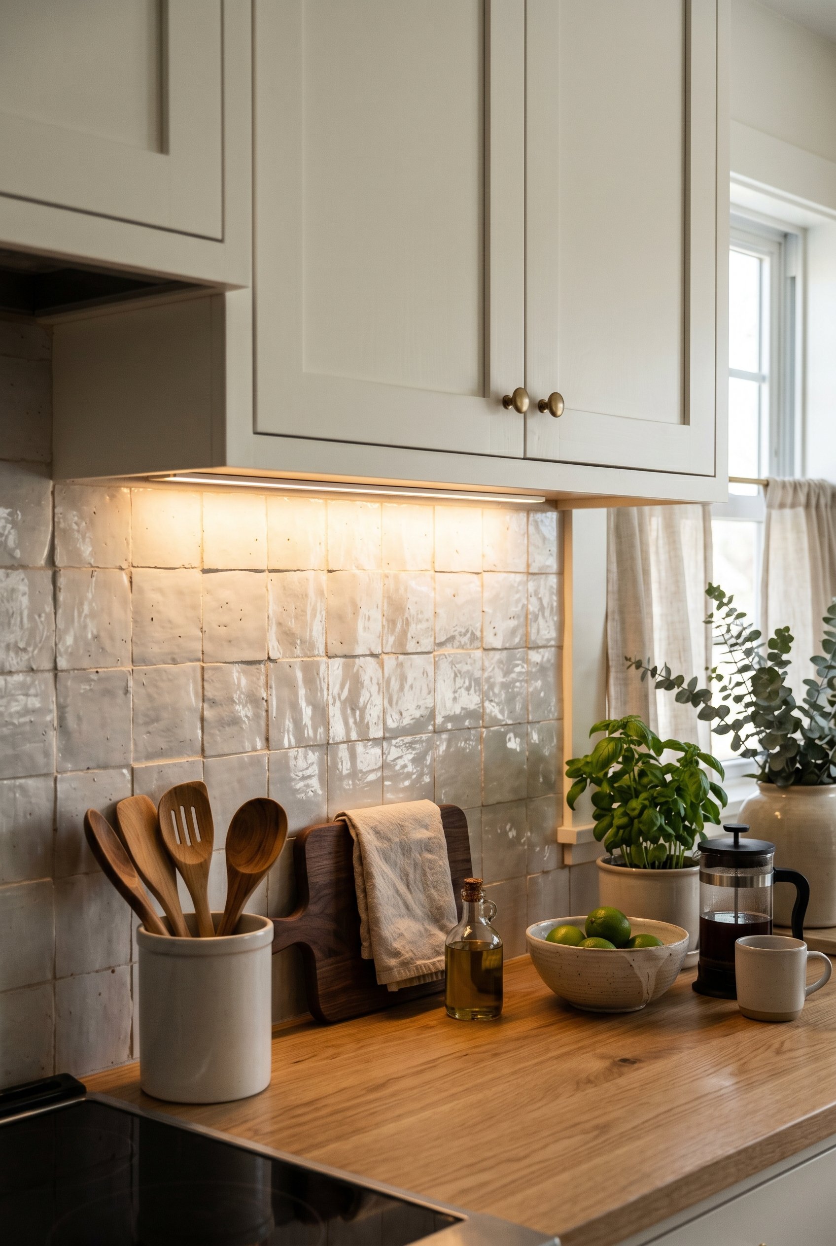 Photorealistic interior photo. Highly textured white Zellige tile backsplash, crisp white cabinets, warm LED under-cabinet lighting casting dramatic shadows on the tiles. Editorial photography style,