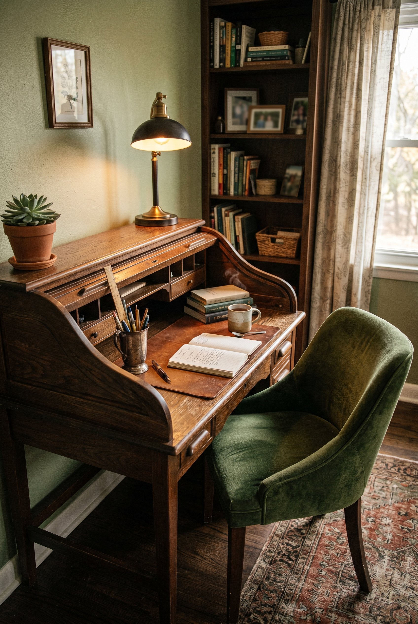 Photorealistic interior photo. Home office with a dark wood roll-top desk, deep green velvet chair, tarnished silver cup holding pens. Warm desk lamp lighting, angled camera. Editorial photography sty