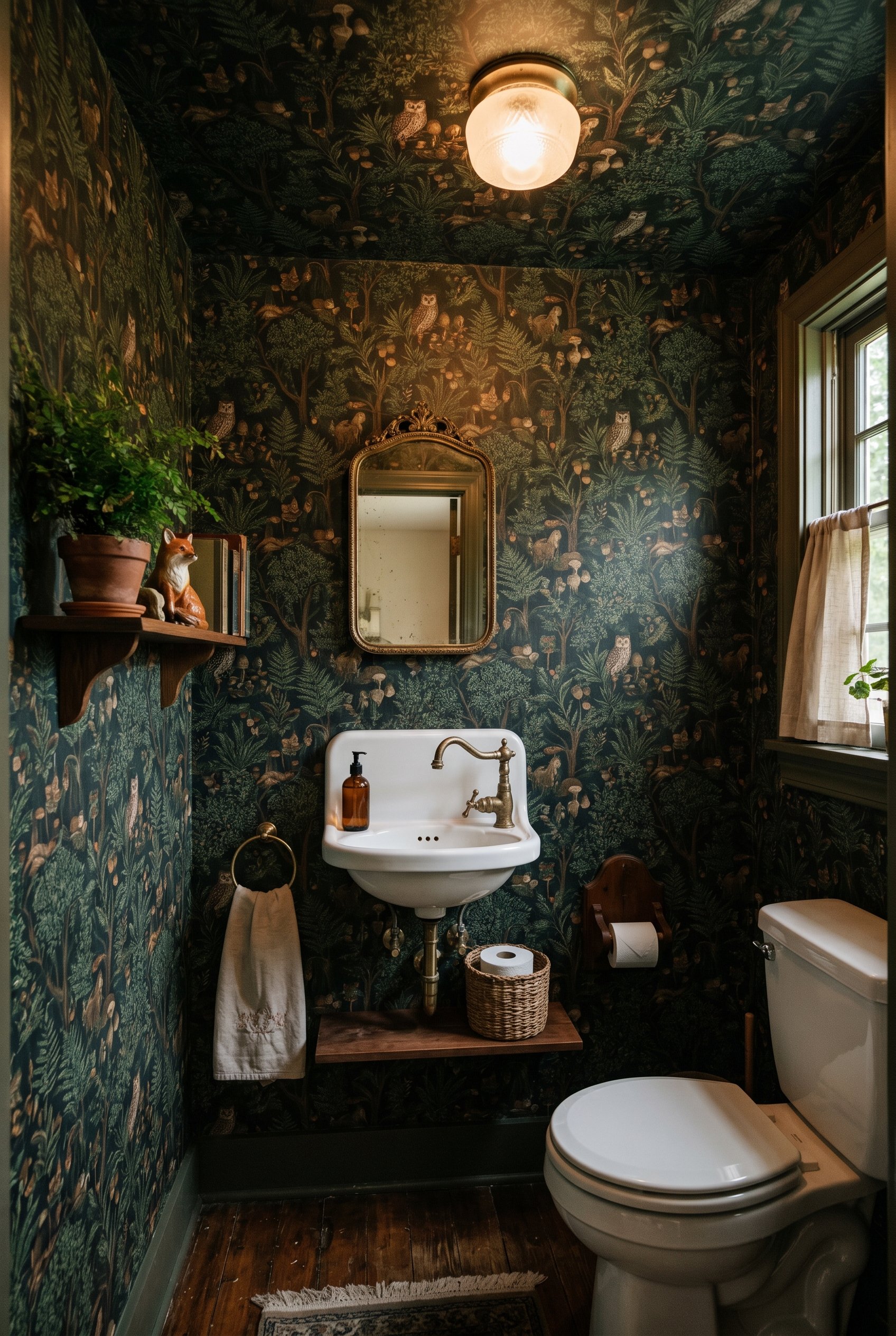 Photorealistic interior photo. Inside of a tiny powder room wrapped entirely, including the ceiling, in a dense, dark woodland pattern wallpaper. Editorial photography style, immersive and slightly ec