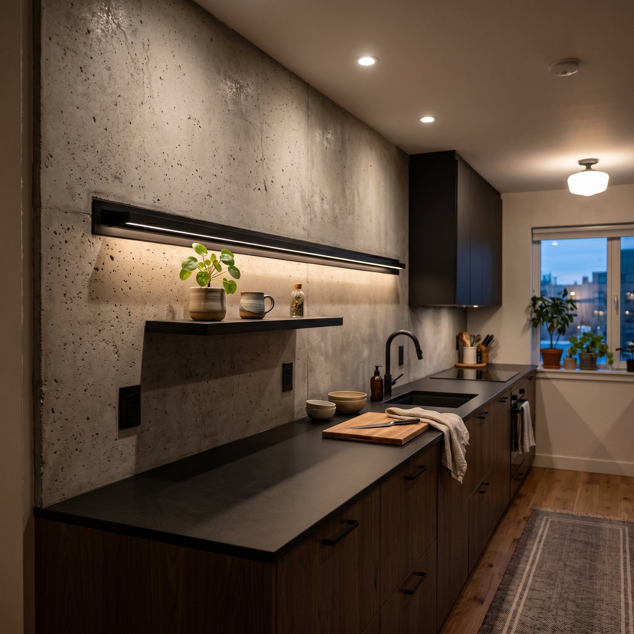 Photorealistic interior photo. Integrated black LED track rail system embedded in a concrete backsplash, holding a small floating shelf. Modern smart kitchen, moody lighting, straight-on camera angle.