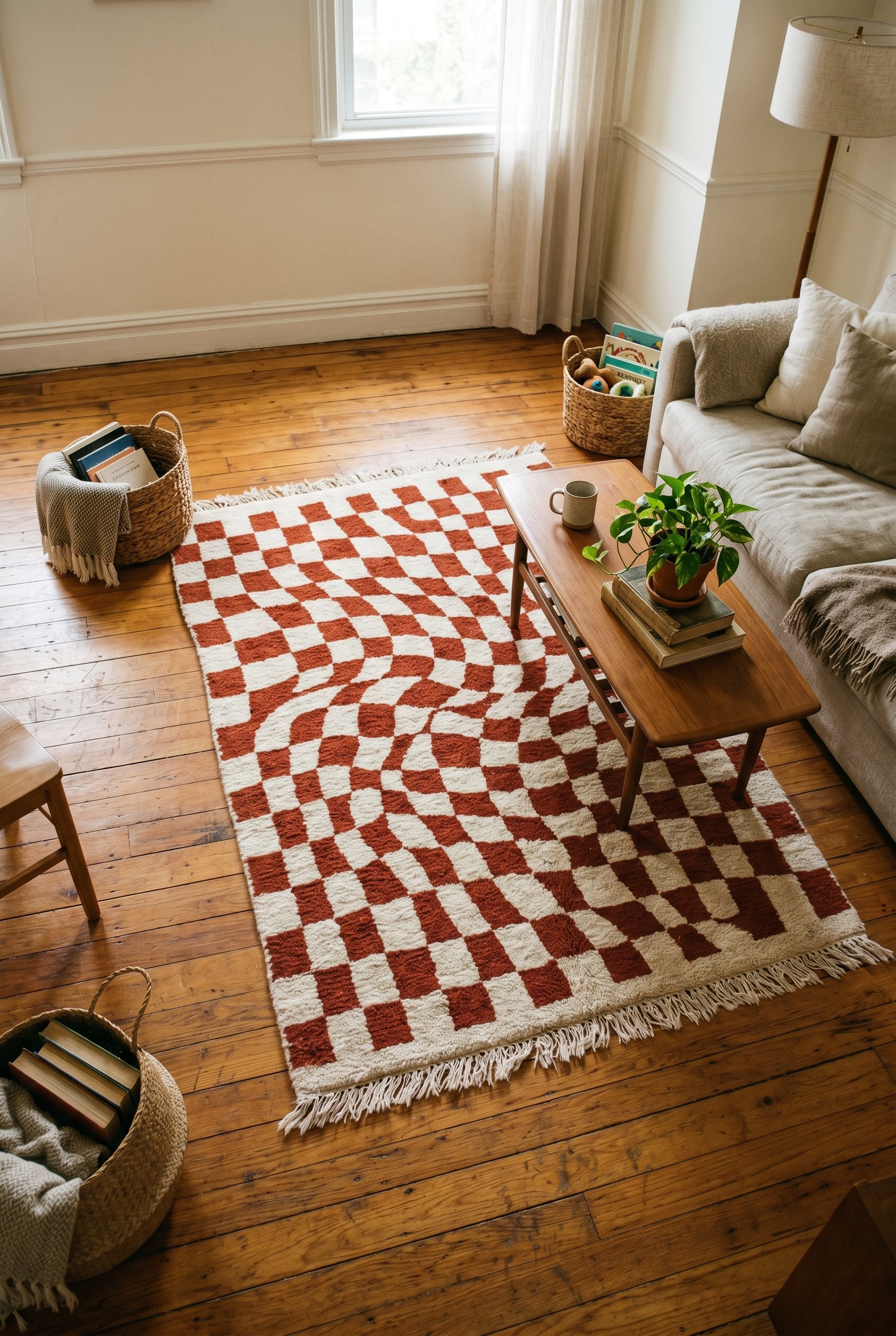 Photorealistic interior photo. Irregular warped checkerboard wool rug in cream and rust red on a hardwood floor, viewed from a high angle looking down. Editorial photography style, no people visible.