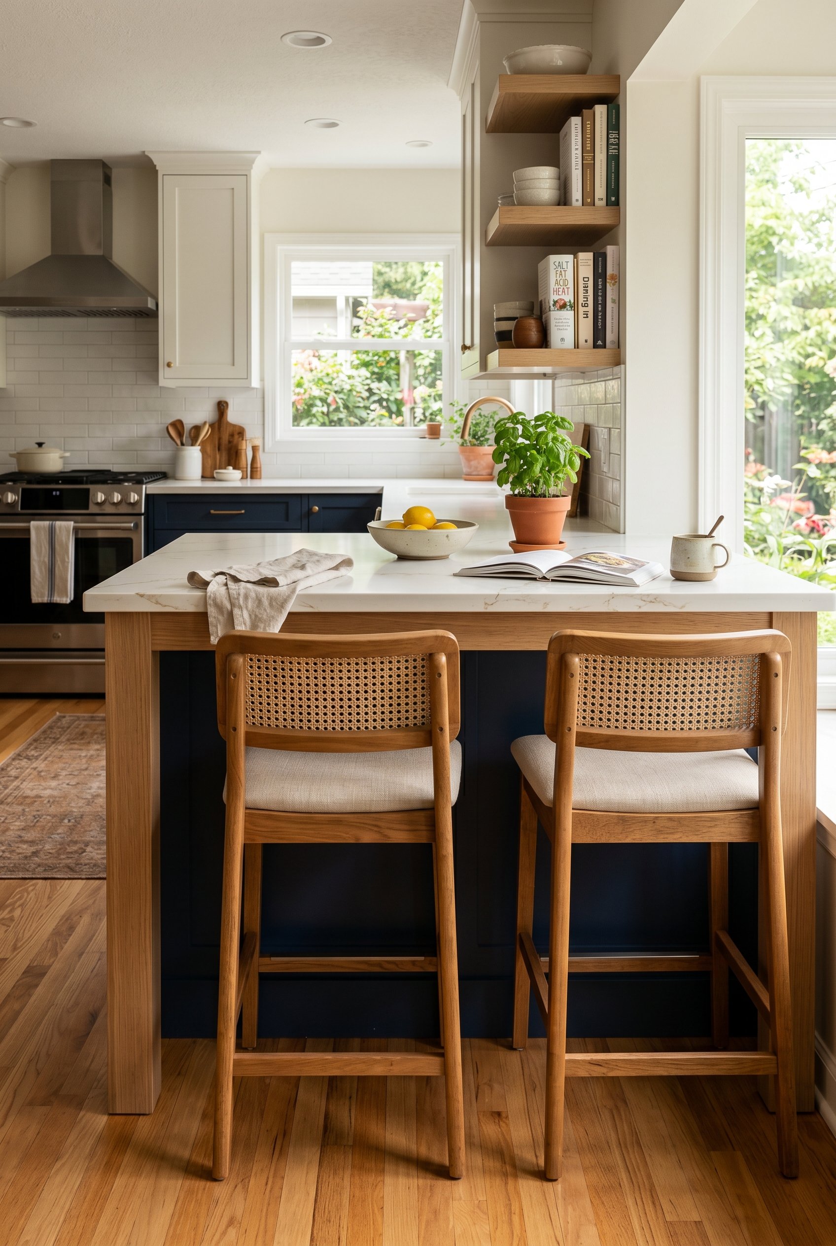 Photorealistic interior photo. Kitchen island extending into a breakfast bar with exactly 15 inches of clear overhang underneath, two wooden counter stools pulled up. Bright natural lighting, side-pro