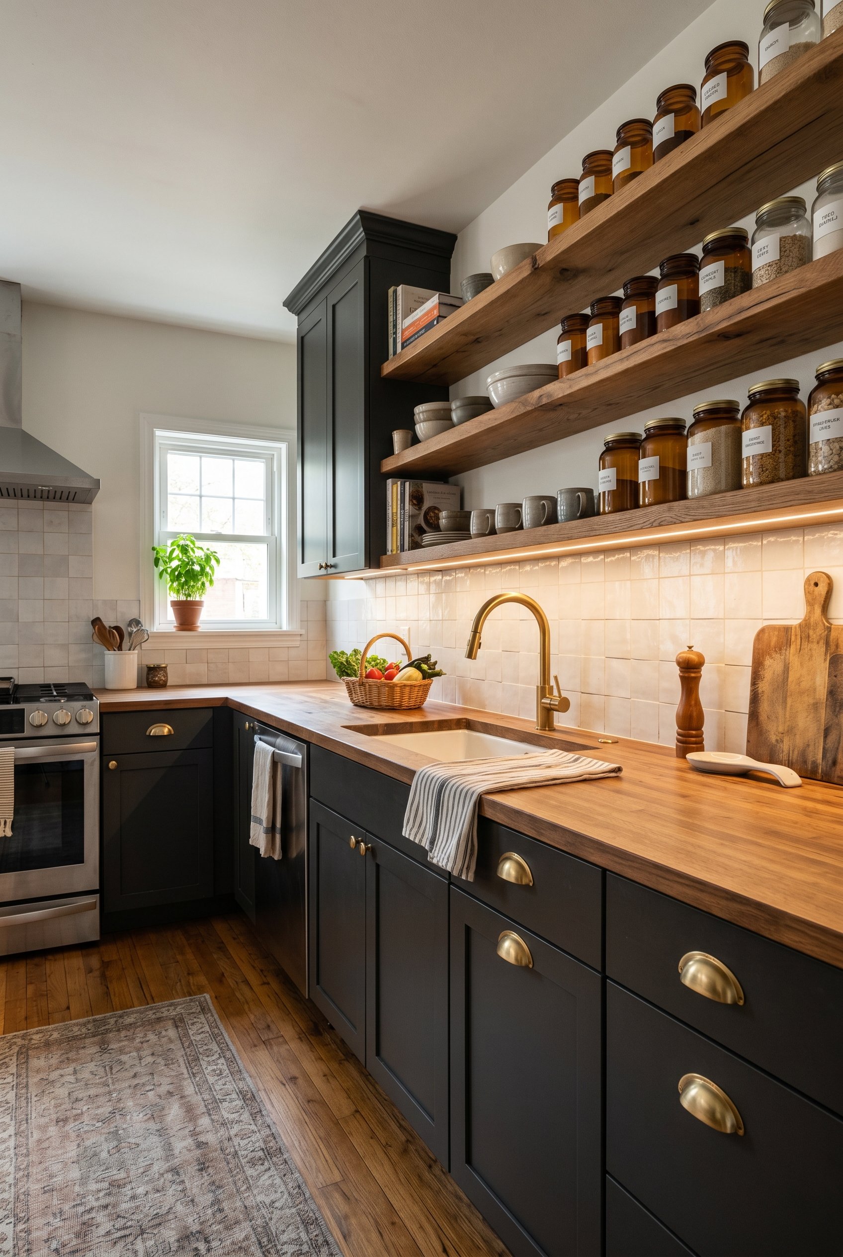 Photorealistic interior photo. Kitchen with dark cabinets, brushed brass moon hardware, open shelving with amber glass jars. Warm under-cabinet lighting, wide camera angle. Editorial photography style