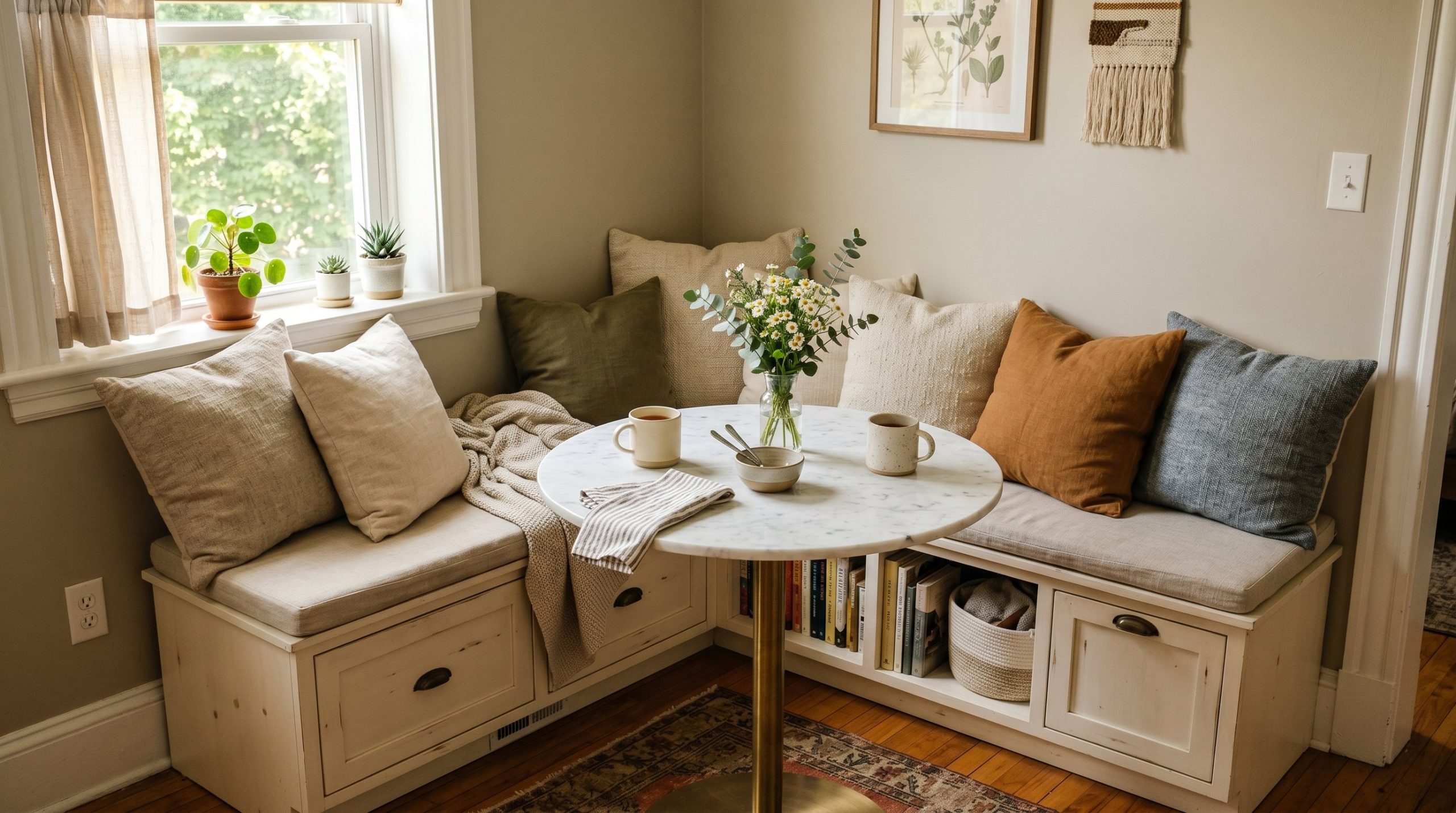 Photorealistic interior photo. L-shaped modular storage bench creating a cozy corner booth dining setup, lots of linen throw pillows, small round marble table, warm sunny lighting, slightly elevated a