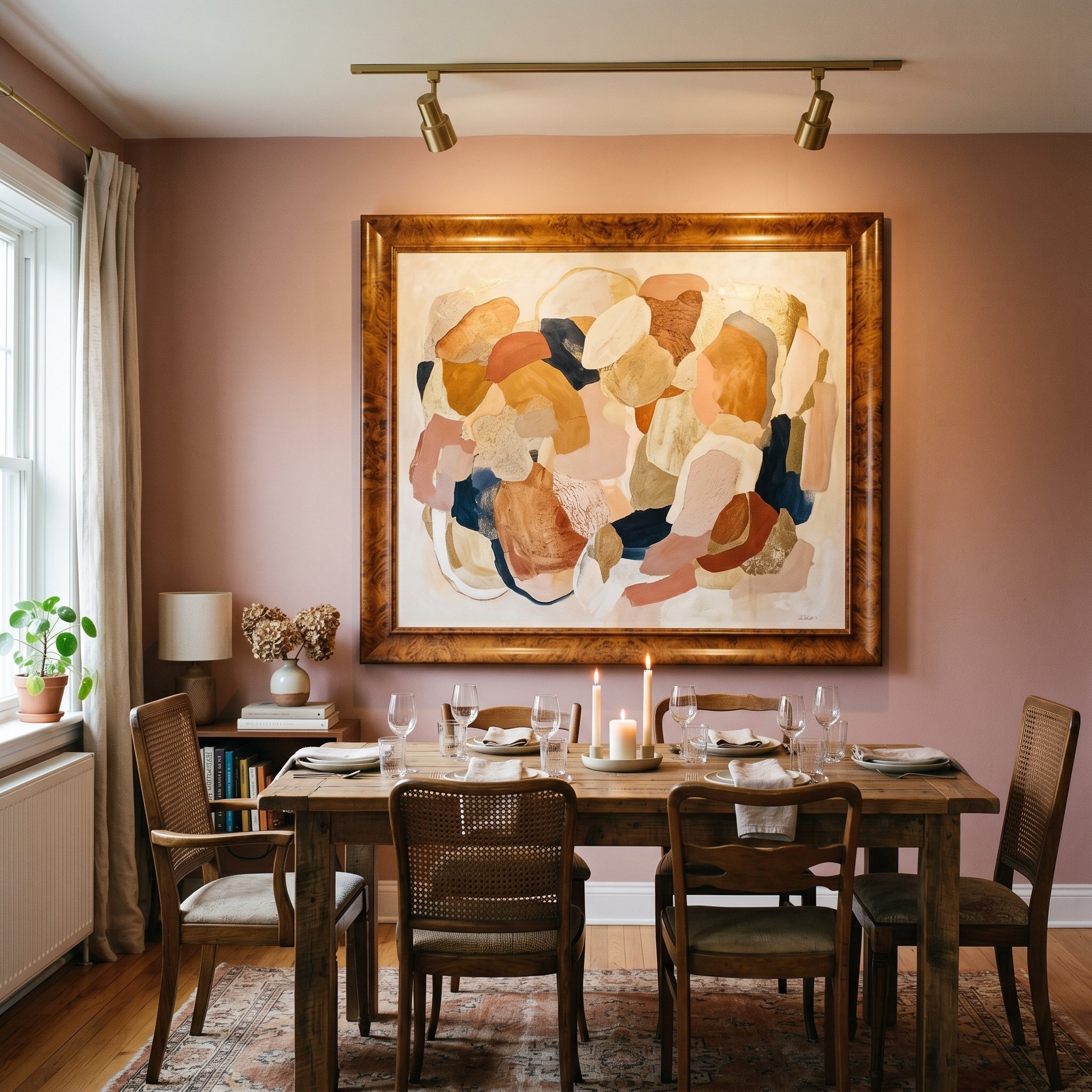 Photorealistic interior photo. Large abstract art piece framed in swirling burl wood hung on a dusty rose dining room wall, warm gallery lighting, straight-on camera angle. Editorial photography style