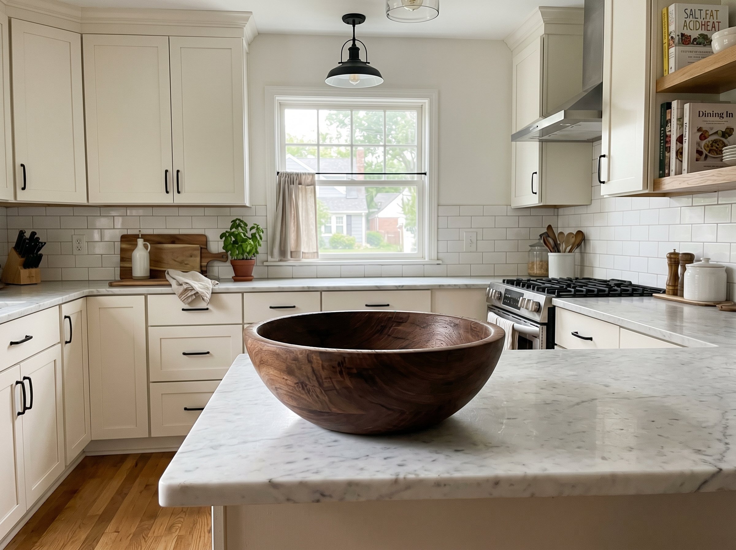 Photorealistic interior photo. Large, chunky hand-turned walnut wood bowl sitting empty on a white marble kitchen island, bright kitchen lighting, medium shot. Editorial photography style, no people v