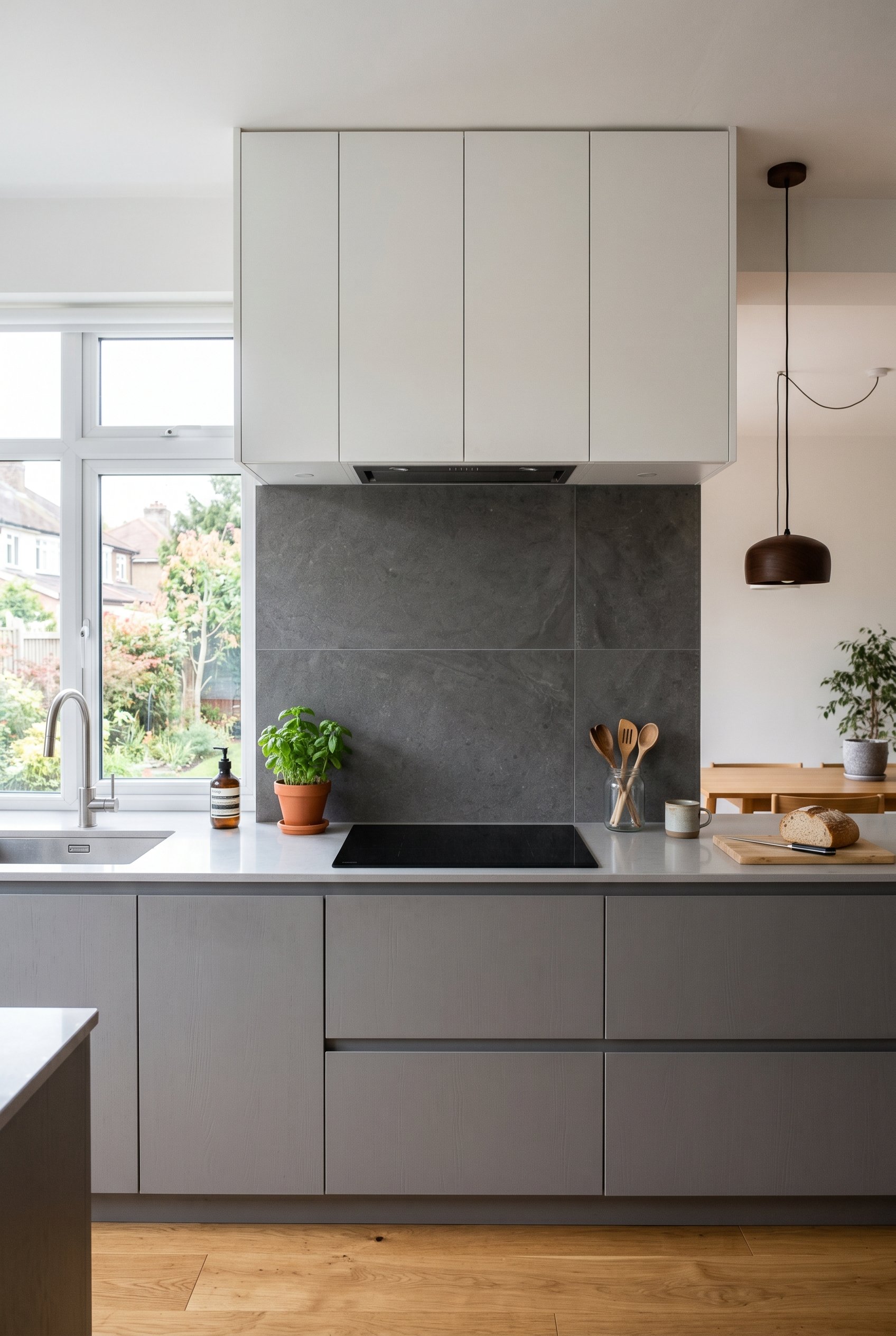 Photorealistic interior photo. Large format dark grey porcelain slab backsplash. Ultra-modern kitchen, minimalist styling, bright daylight, straight-on camera angle. Editorial photography style, no pe