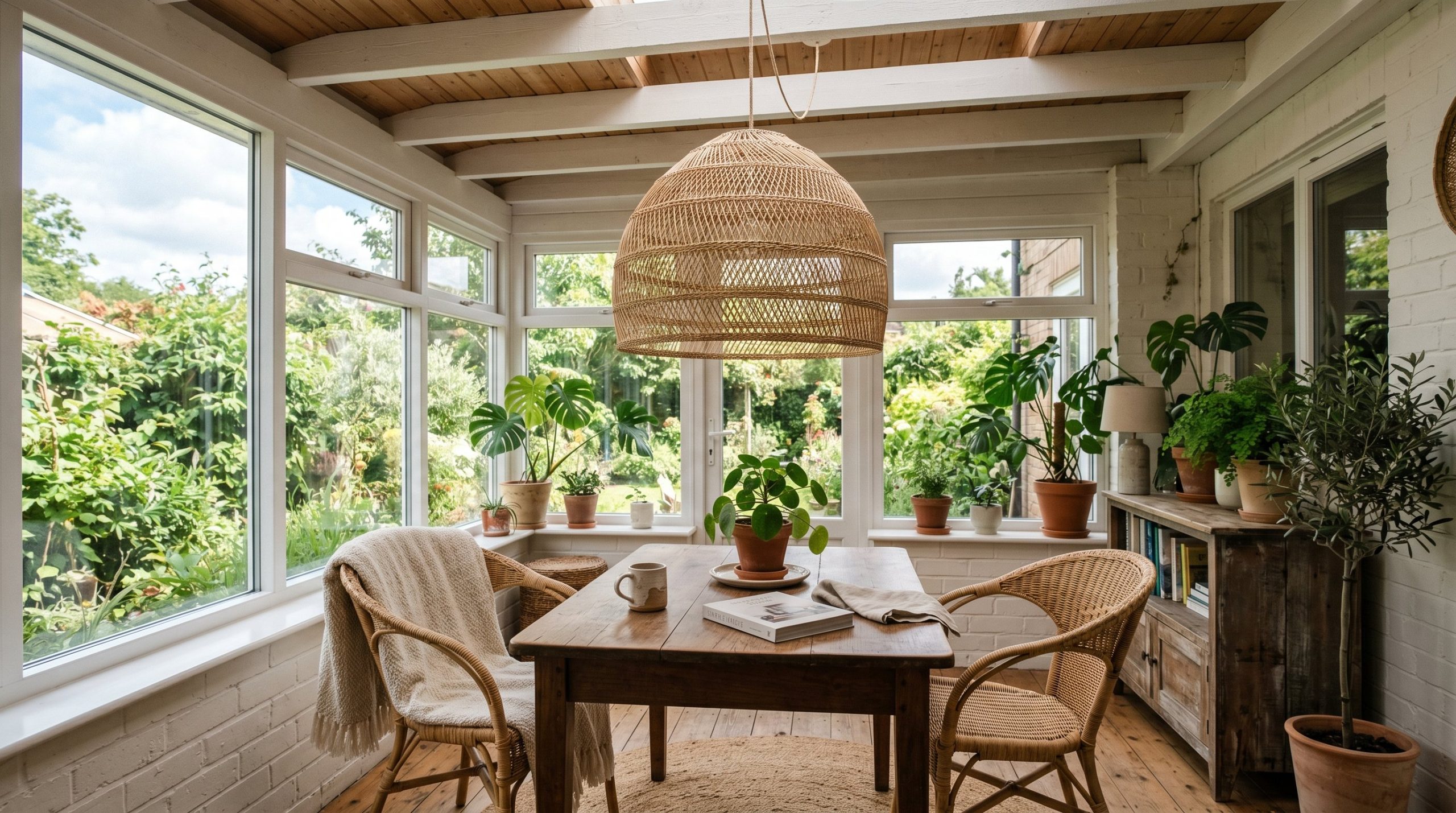 Photorealistic interior photo. Large oversized woven rattan pendant light hanging from a sunroom ceiling, natural textures, bright space. Editorial photography style, no people visible.