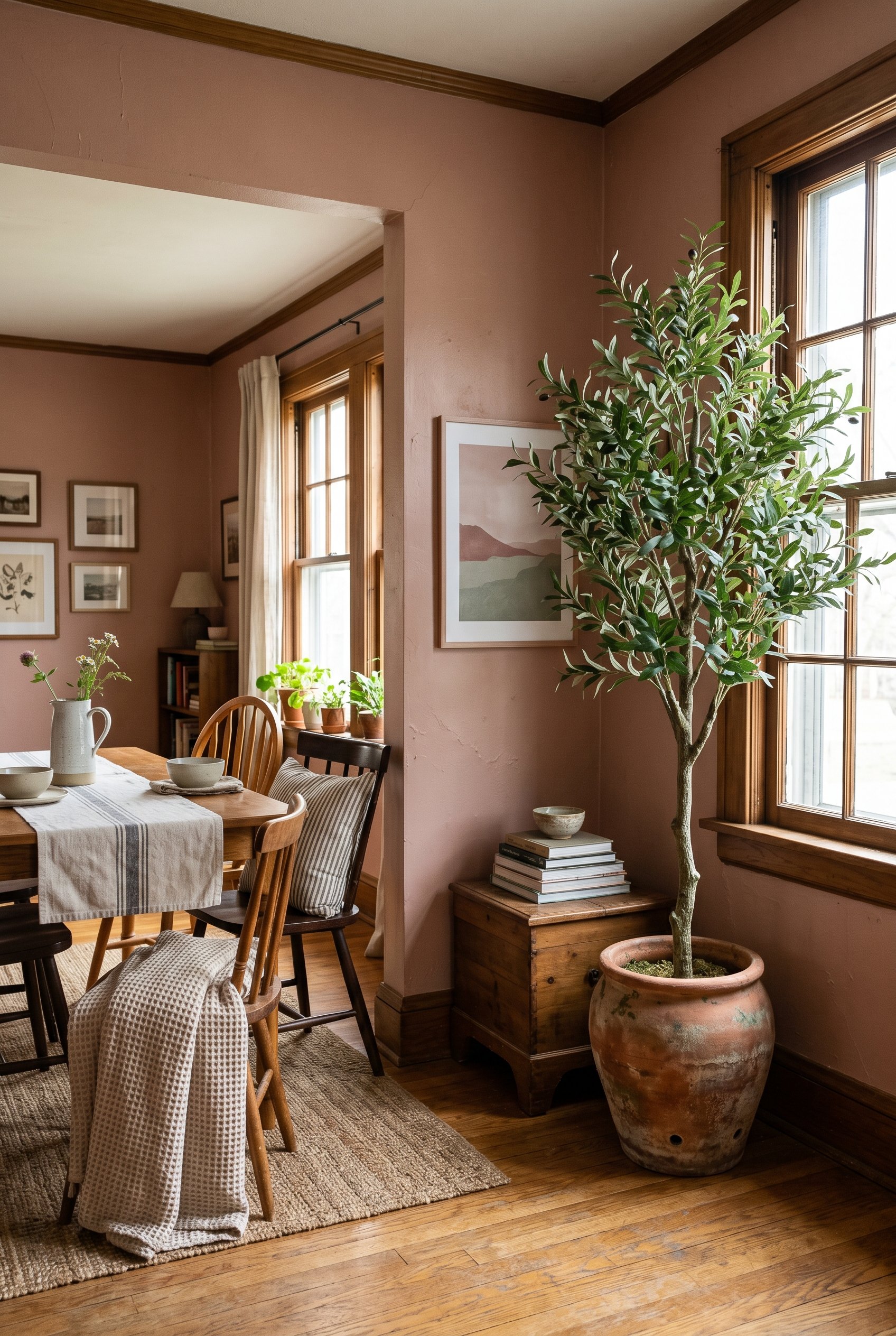 Photorealistic interior photo. Large potted faux olive tree in a terracotta pot in the corner of a dusty rose dining room, moody daylight, wide camera angle. Editorial photography style, no people vis