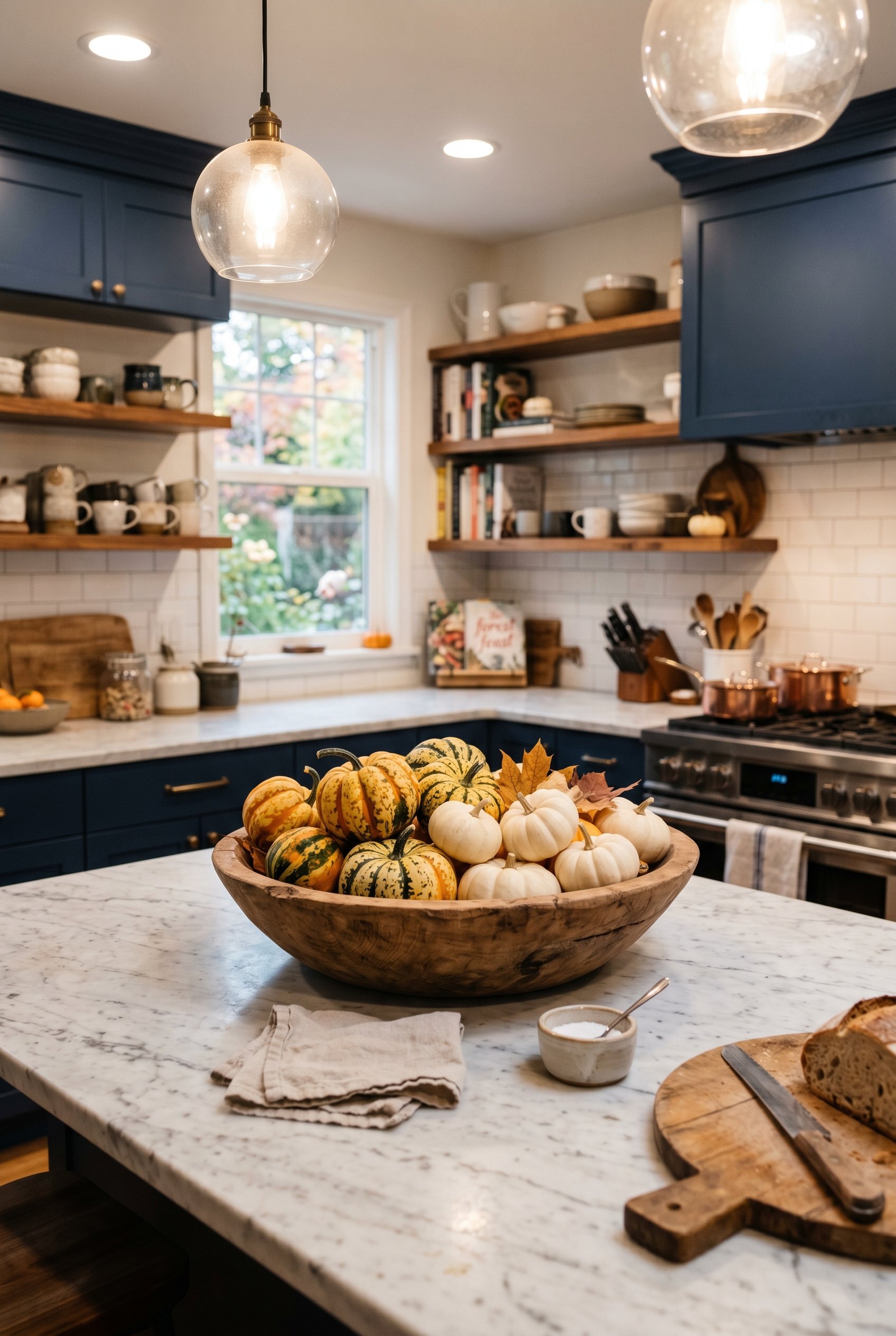 Photorealistic interior photo. Large raw teak wood bowl sitting on a white marble kitchen island, overflowing with tiny striped gourds and white baby boo pumpkins, bright overhead kitchen lighting, sl