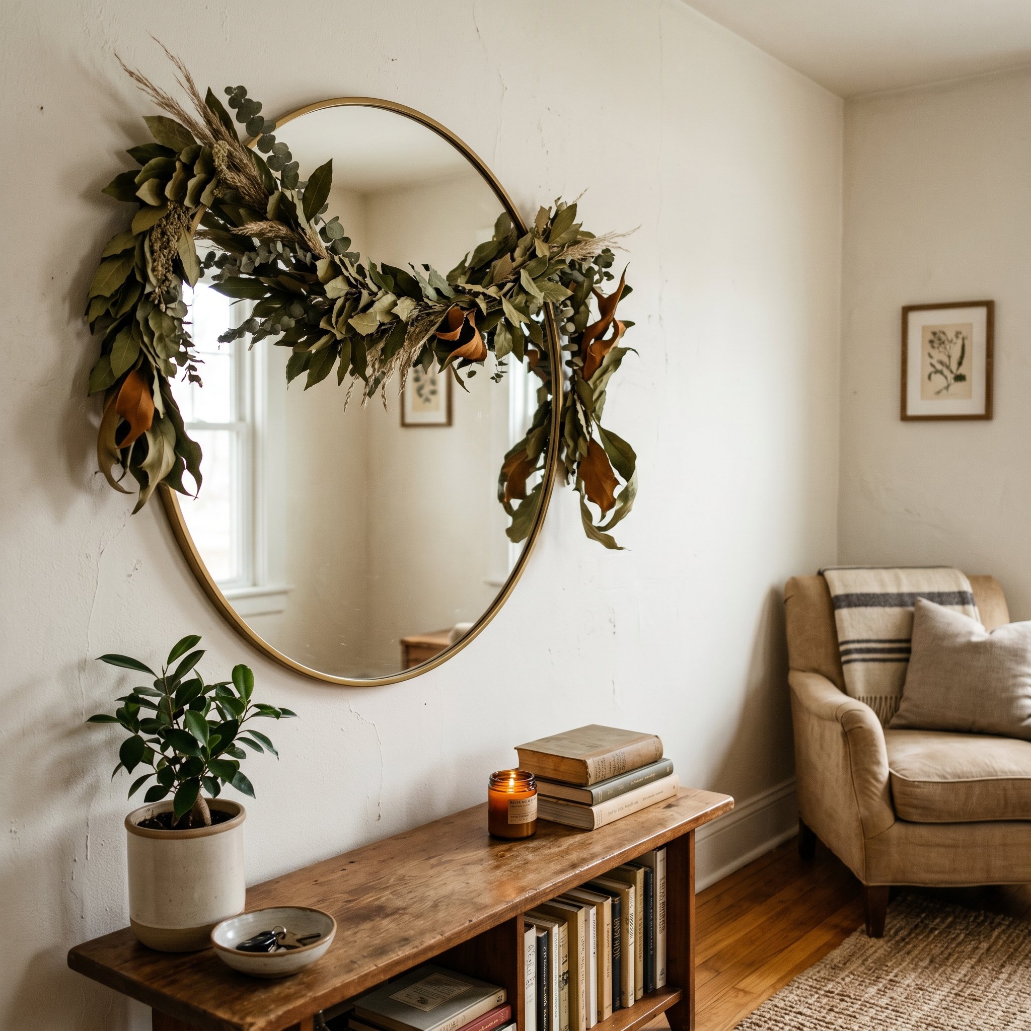 Photorealistic interior photo. Large round mirror on a living room wall, draped with a dried bay leaf garland, sculptural curling brown and green leaves, soft ambient room lighting, close-up architect