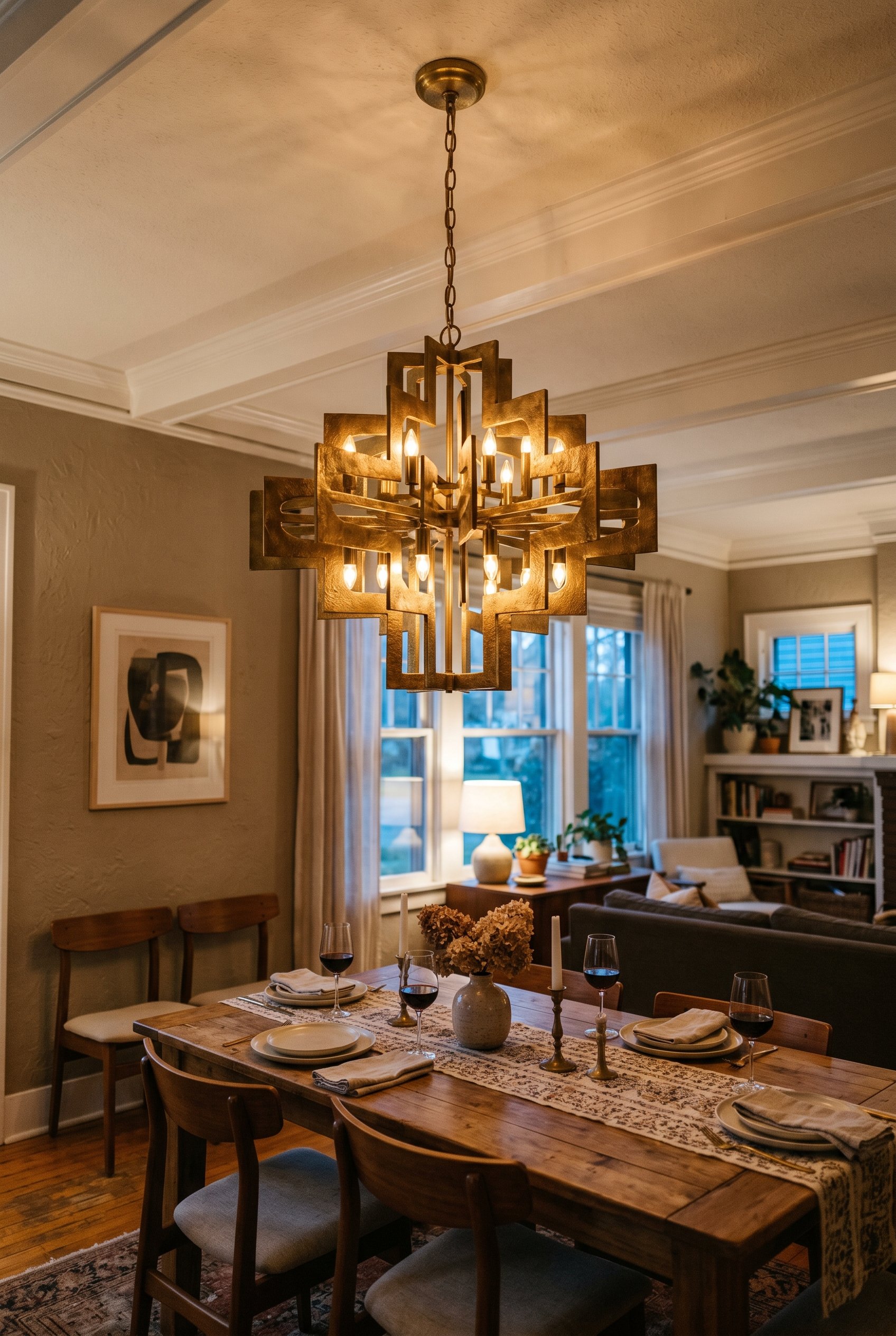 Photorealistic interior photo. Large sculptural brass Kelly Wearstler style chandelier hanging over a dining table, warm dimmed smart lighting, low angle shot looking up slightly. Editorial photograph