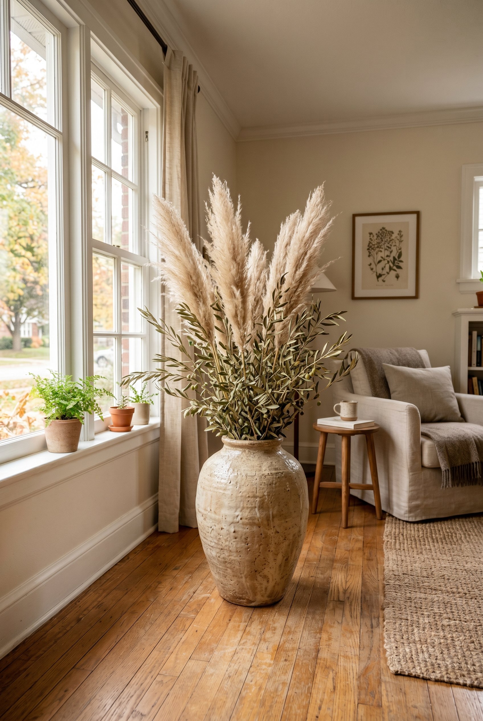 Photorealistic interior photo. Large textured ceramic floor vase filled with tall, pet-safe dried pampas grass and olive branches, sitting on a hardwood floor near a window, bright diffused autumn lig