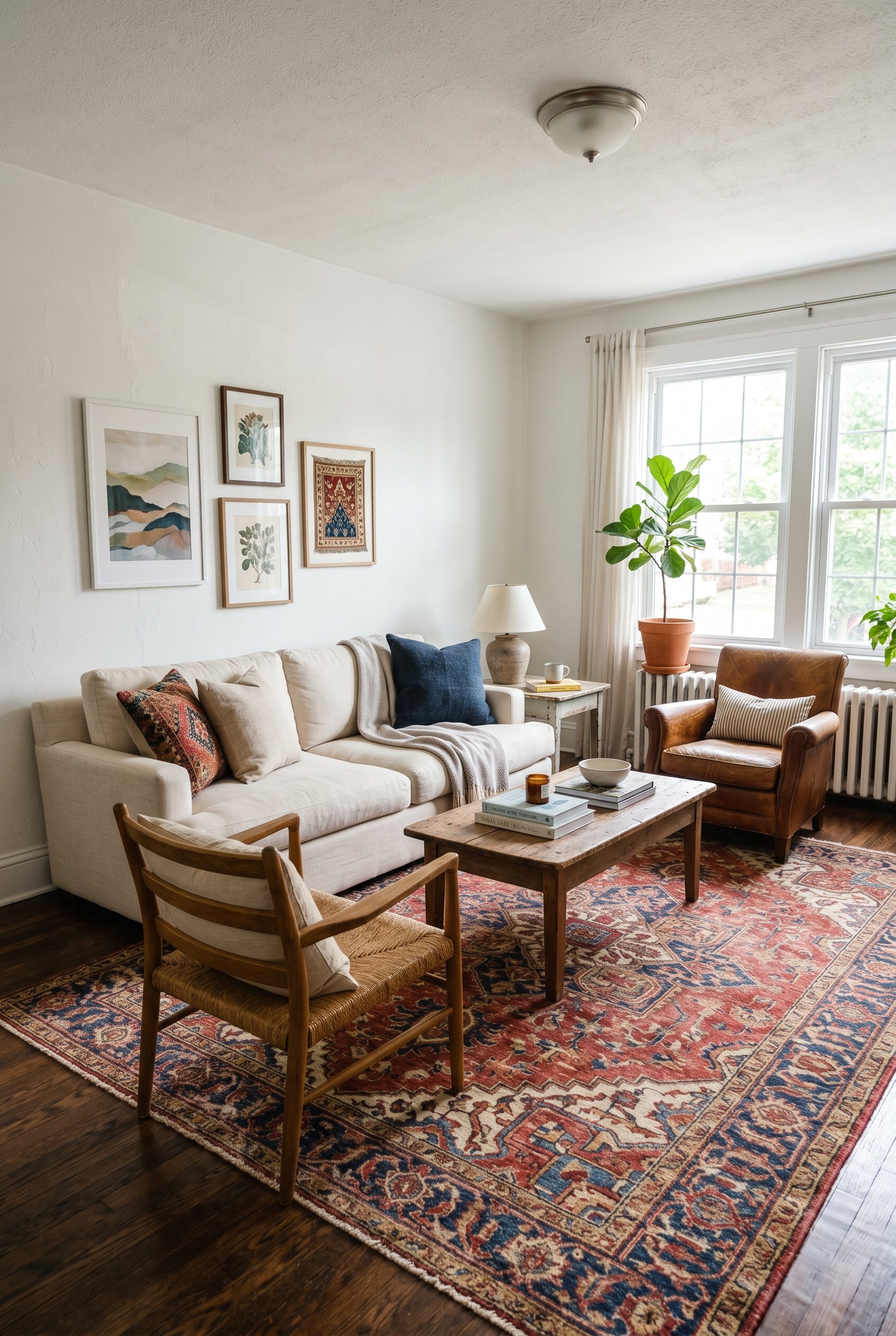 Photorealistic interior photo. Large vintage Persian rug properly grounding a cream linen sofa and two accent chairs, natural daylight, 45-degree camera angle. Editorial photography style, no people v