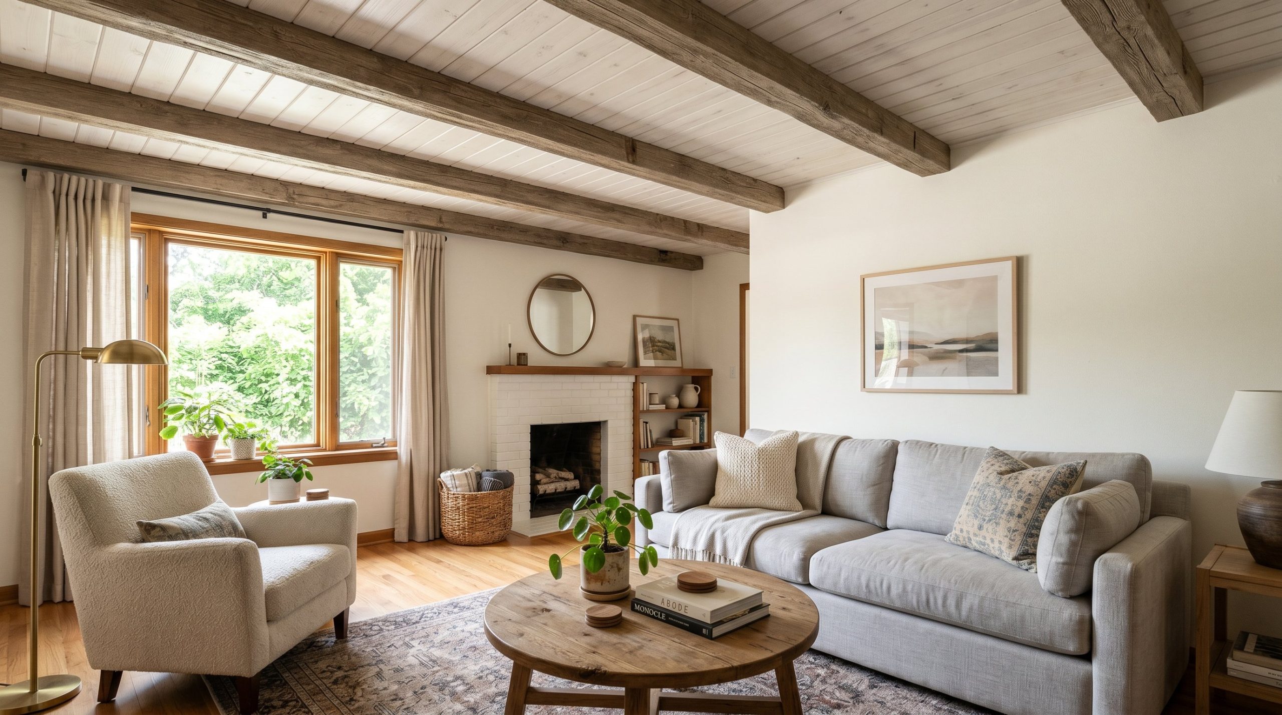 Photorealistic interior photo. Living room ceiling featuring realistic dry ashy-brown faux wood beams. White painted plank ceiling underneath. Editorial photography style, bright natural light, no peo