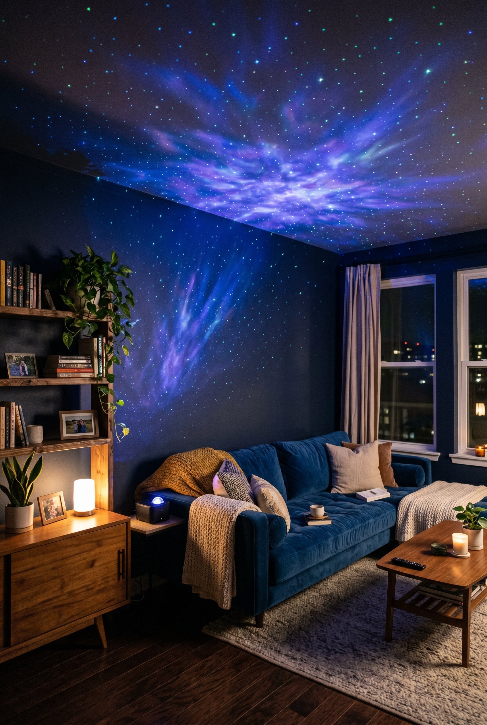 Photorealistic interior photo. Living room ceiling illuminated by a subtle blue and purple galaxy starlight projector, casting a magical night sky effect over a modern velvet sofa. Editorial photograp