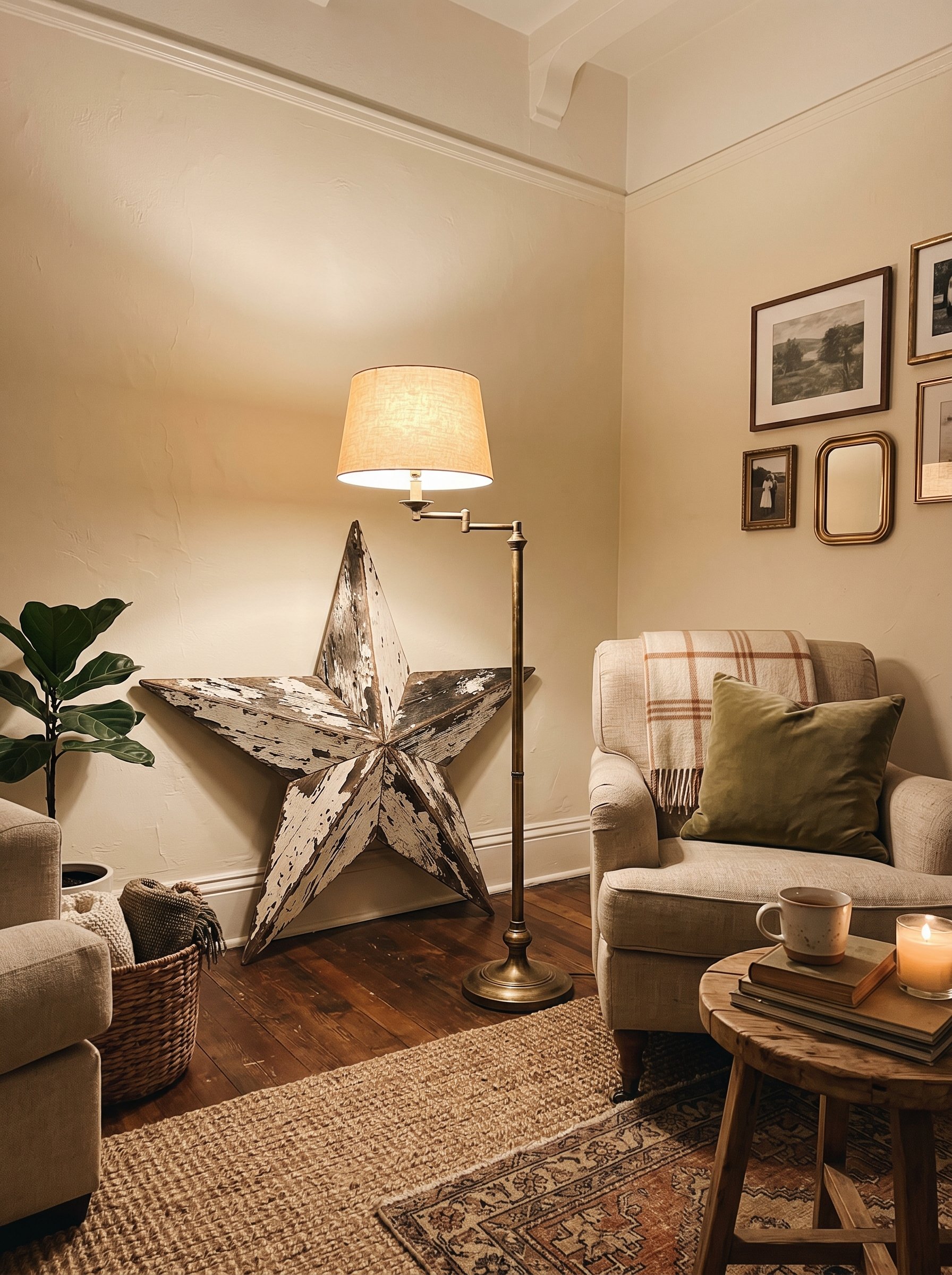 Photorealistic interior photo. Living room corner featuring a heavily distressed wooden barn star propped on the floor behind a brass floor lamp, cozy evening lighting, low camera angle. Editorial pho