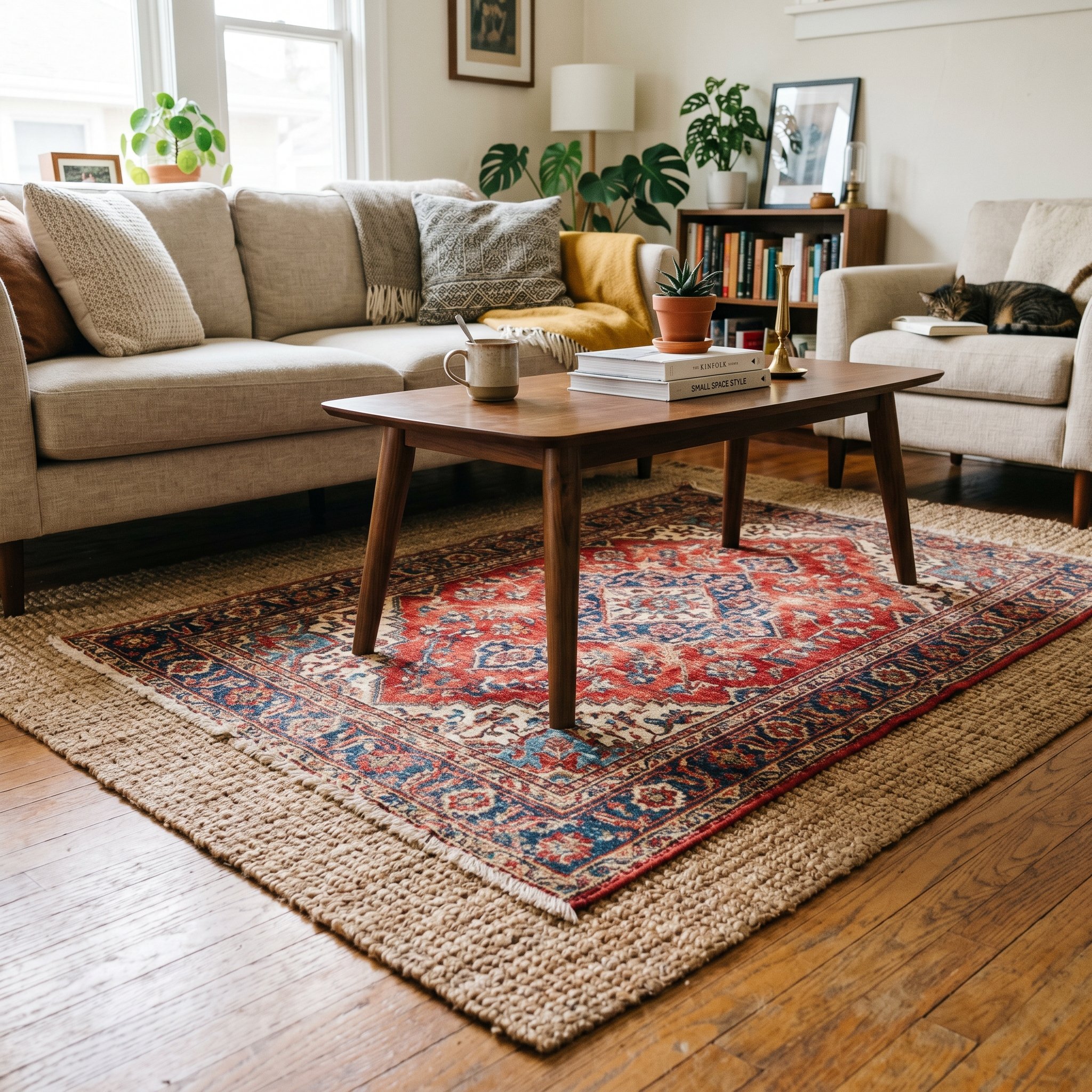 Photorealistic interior photo. Living room floor showing a layered rug setup. A large, inexpensive woven jute rug acts as the base, with a smaller, vibrant, distressed vintage Persian rug layered on t