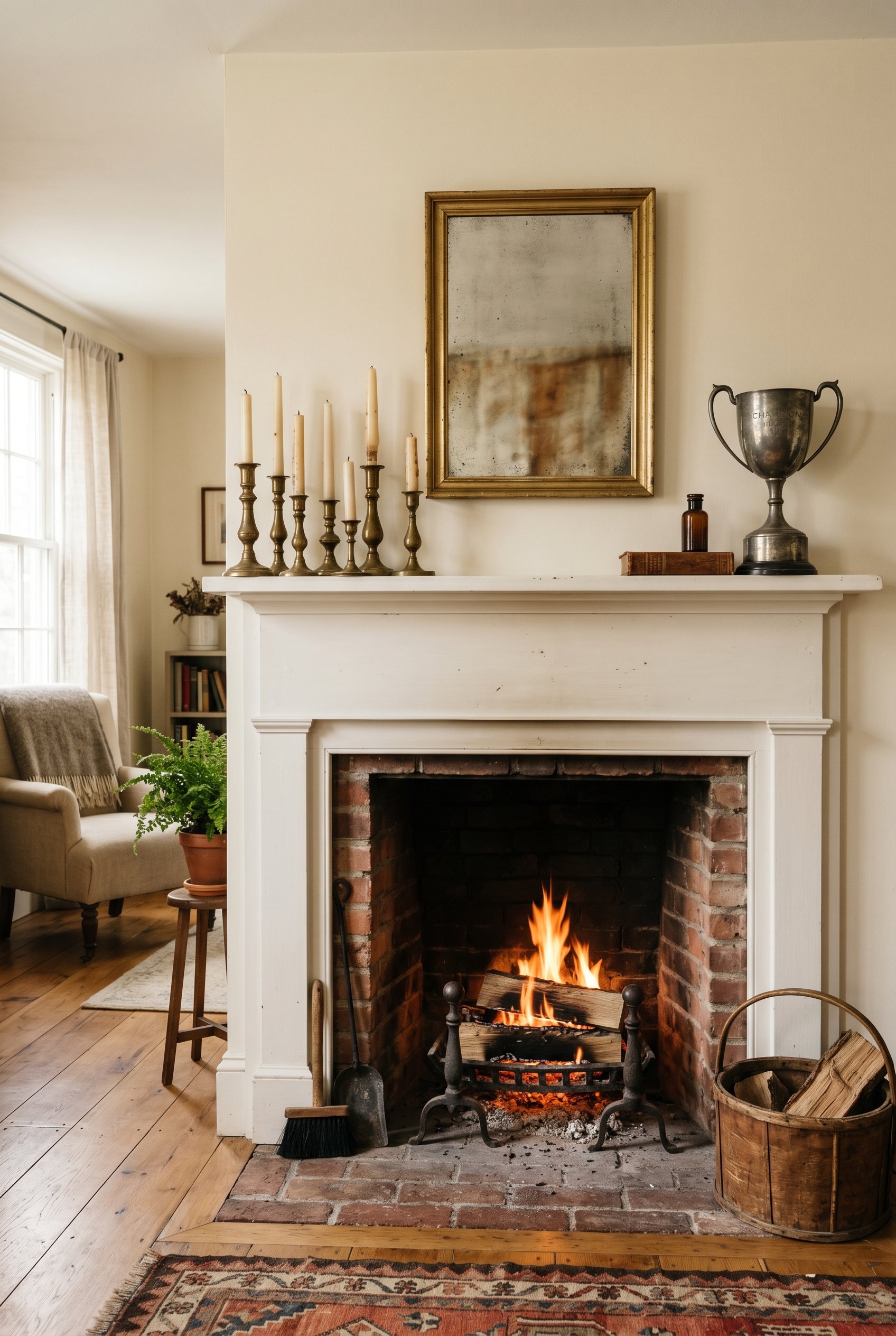 Photorealistic interior photo. Living room mantel styled asymmetrically with a cluster of antique brass candlesticks on the left and a tarnished pewter trophy cup on the right, soft natural lighting, 