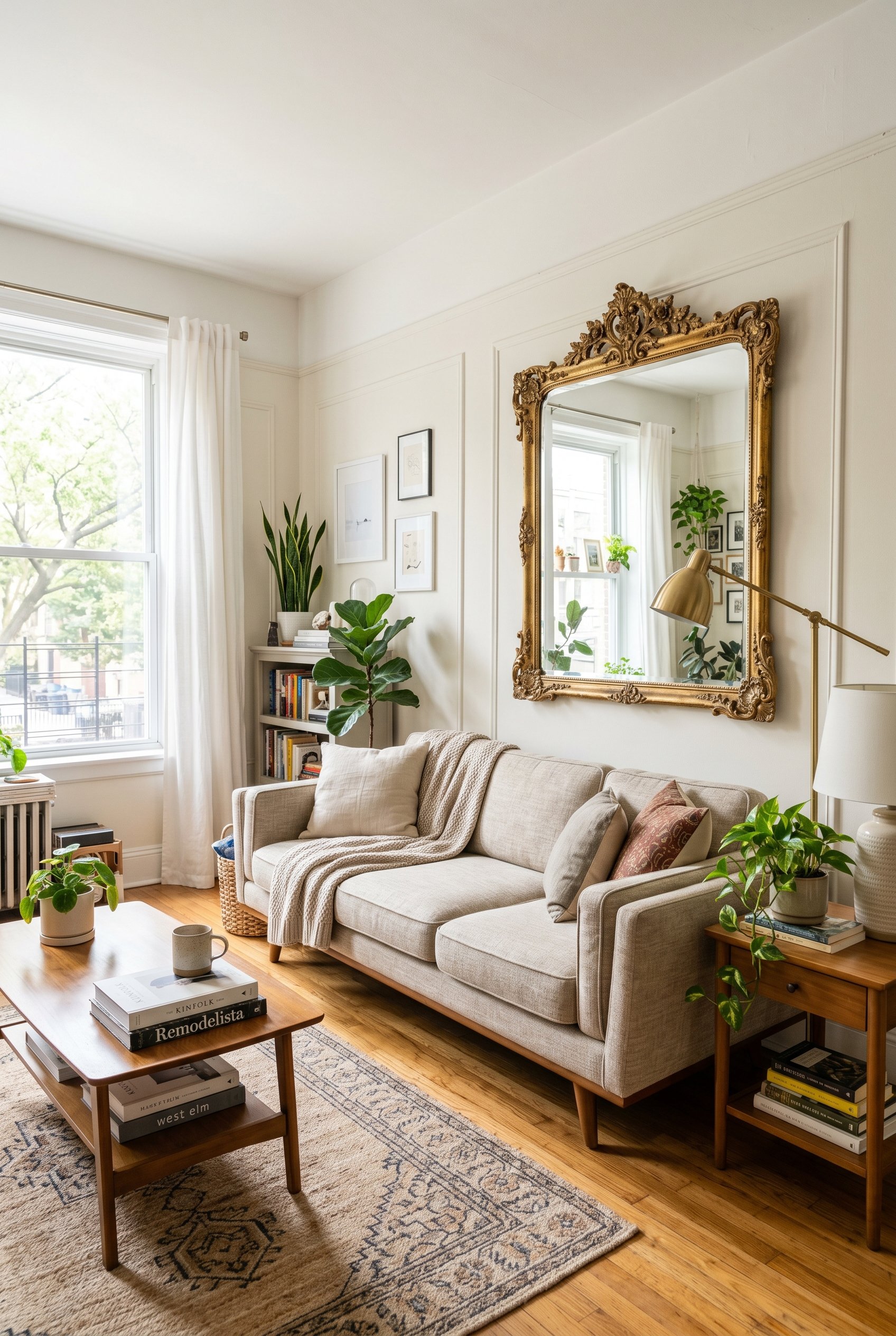 Photorealistic interior photo. Living room mixing a modern West Elm style sofa with an ornate Victorian gilded mirror. Bright natural lighting, wide camera angle. Editorial photography style, no peopl