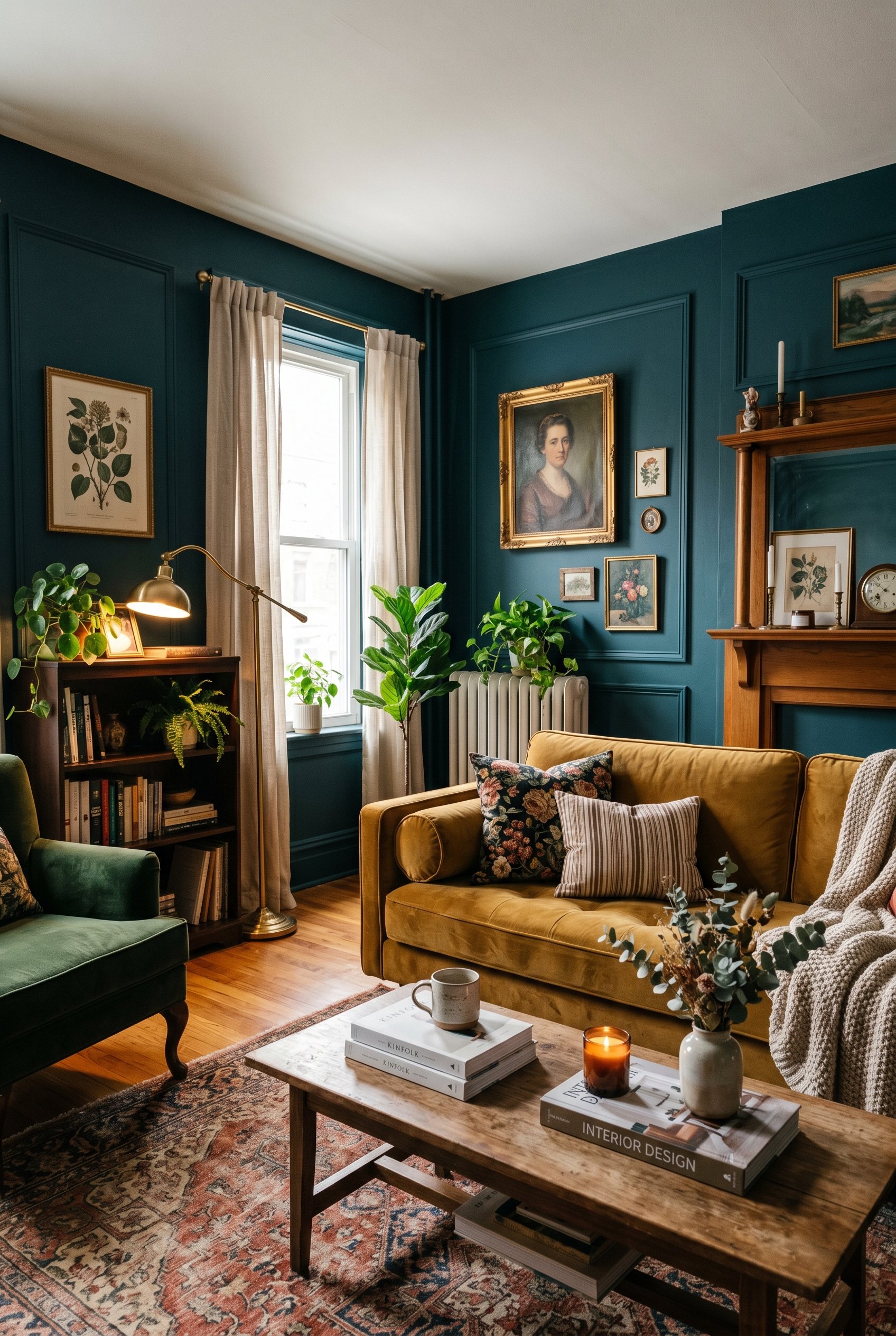 Photorealistic interior photo. Living room walls painted in a dark, saturated moody teal with fake DIY picture molding added for historical architectural detail. Rich and elegant. Editorial photograph
