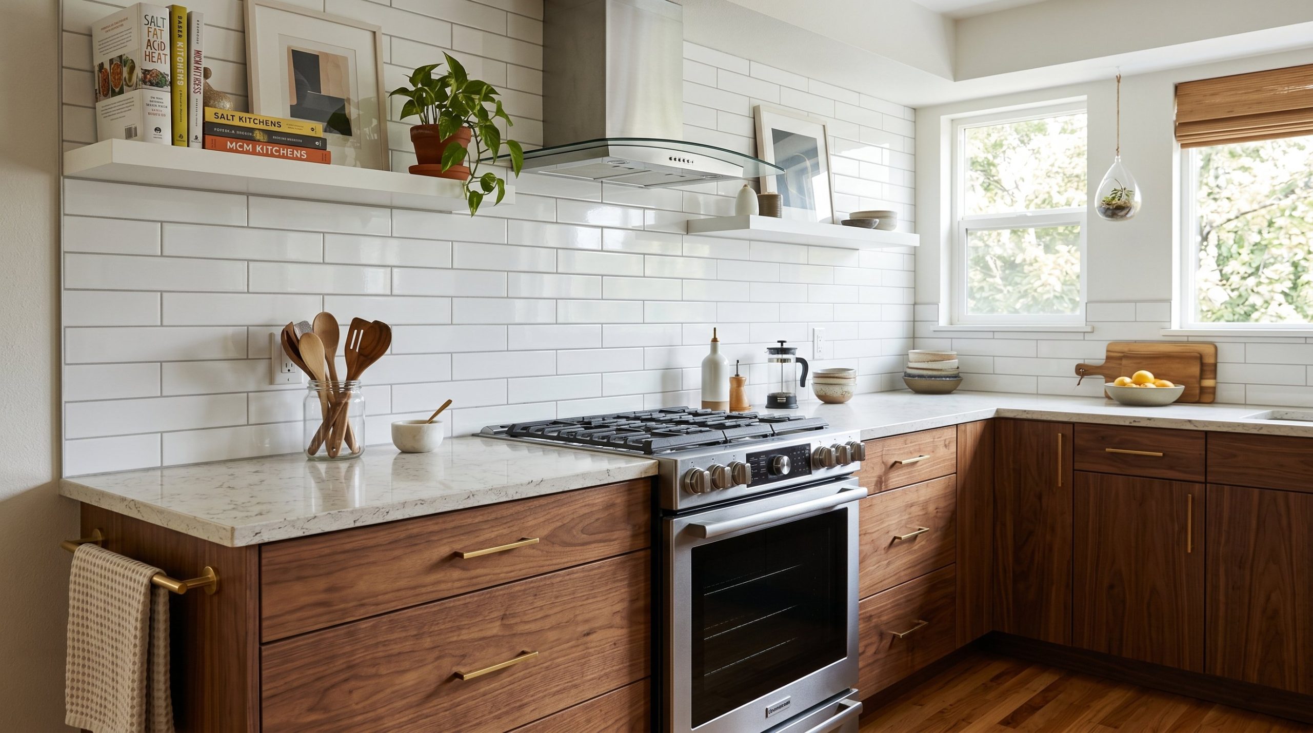 Photorealistic interior photo. Long skinny 2x8 white subway tiles in an offset pattern, mid-century modern kitchen, flat-panel walnut cabinetry below. Editorial photography style, no people visible.
