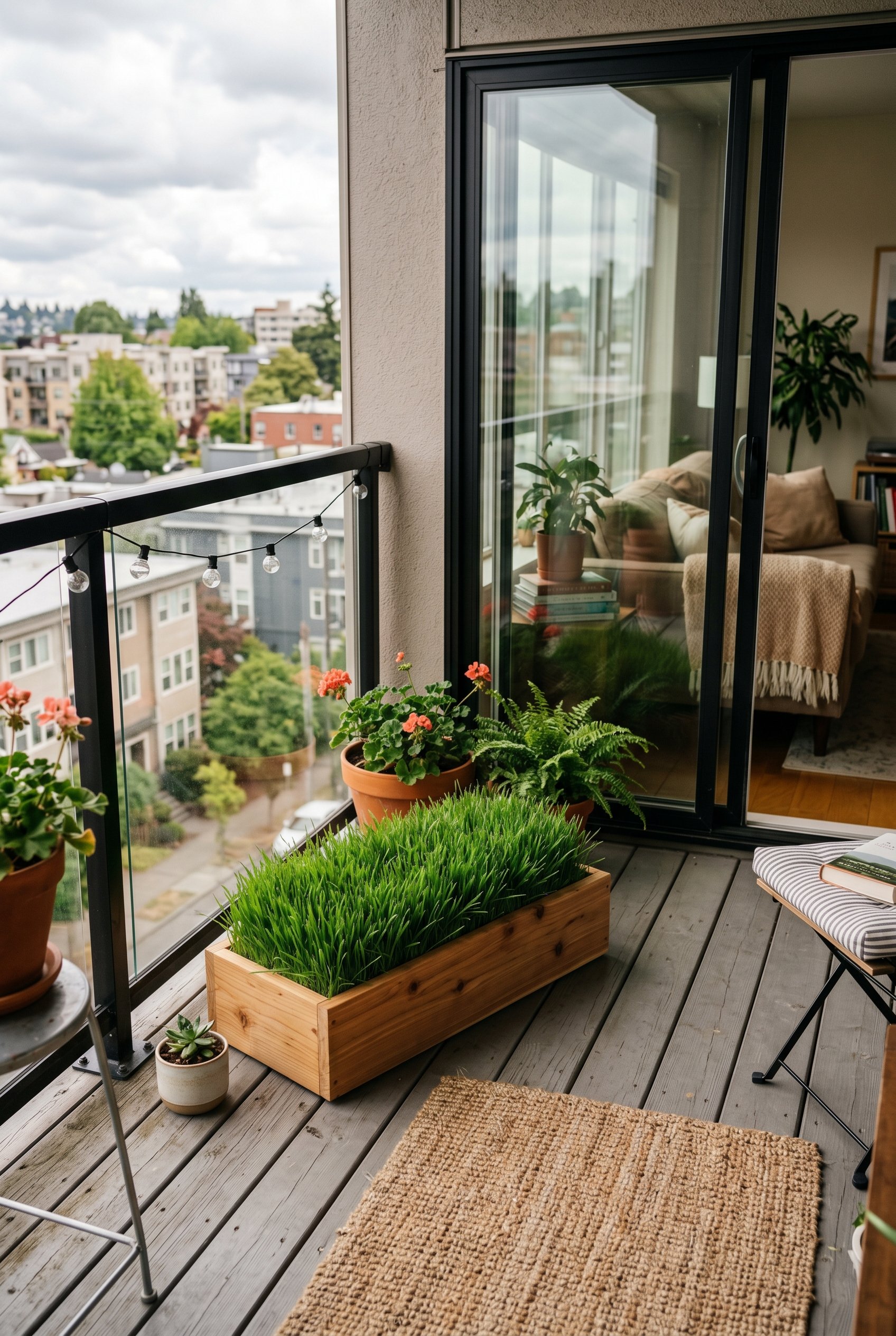 Photorealistic interior photo. Low profile modern cedar planter box filled with lush, manicured real pet grass, sitting on an apartment balcony floor. Editorial photography style, no people visible.
